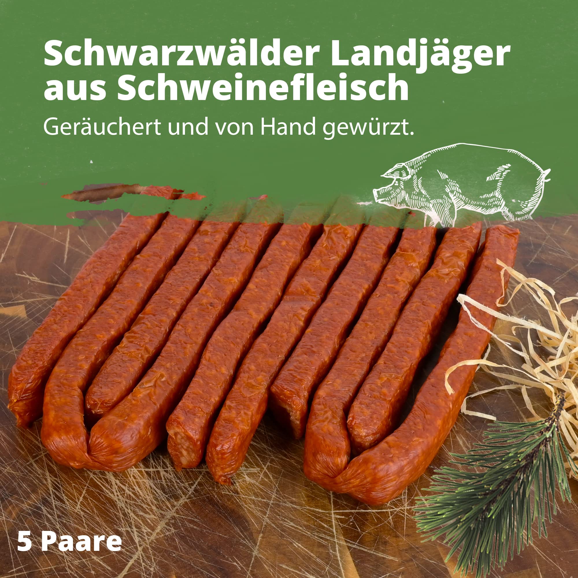 Schwarzwald Metzgerei - Landjäger mager mit einmaligem Geschmack, hängen zusammen mit dem Schwarzwälder Schinken im Rauch - 5 Paar (min. 375g)
