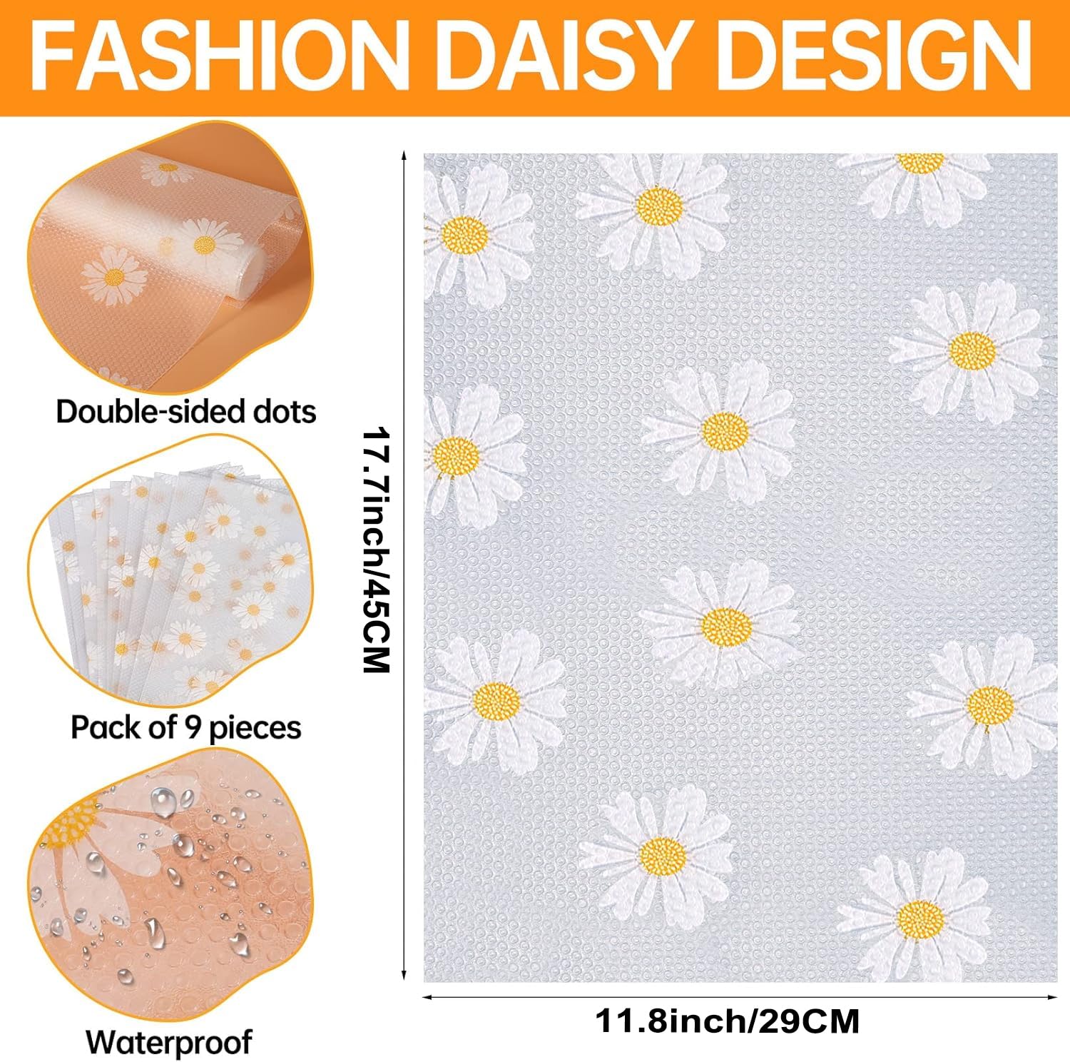 9Pcs Refrigerator Liners,Washable Refrigerator Mats Liner,EVA Daisy Refrigerator Liners,Waterproof Non-Slip Fridge Liners for Drawers Cupboard Placemats,BPA Free,17.7