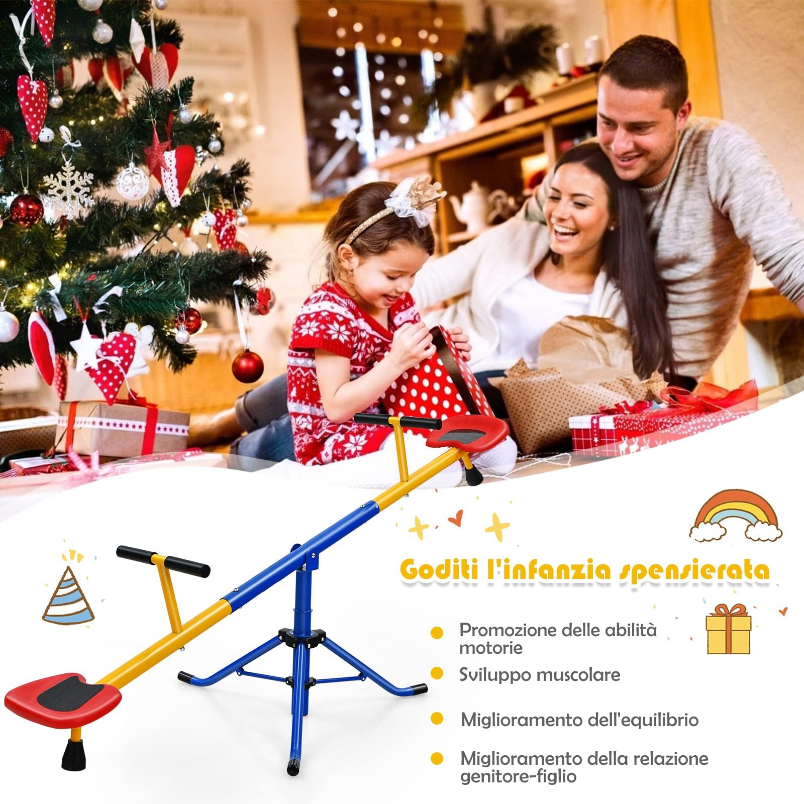 RELAX4LIFE Altalena a Dondolo per Bambini 3-8 Anni, Girevole 360° con Blocco per le Gambe, Maniglie Antiscivolo, Base a Tre Artigli in Acciaio, Carico di 60 kg, Gioco da Esterno per Scuola Materna