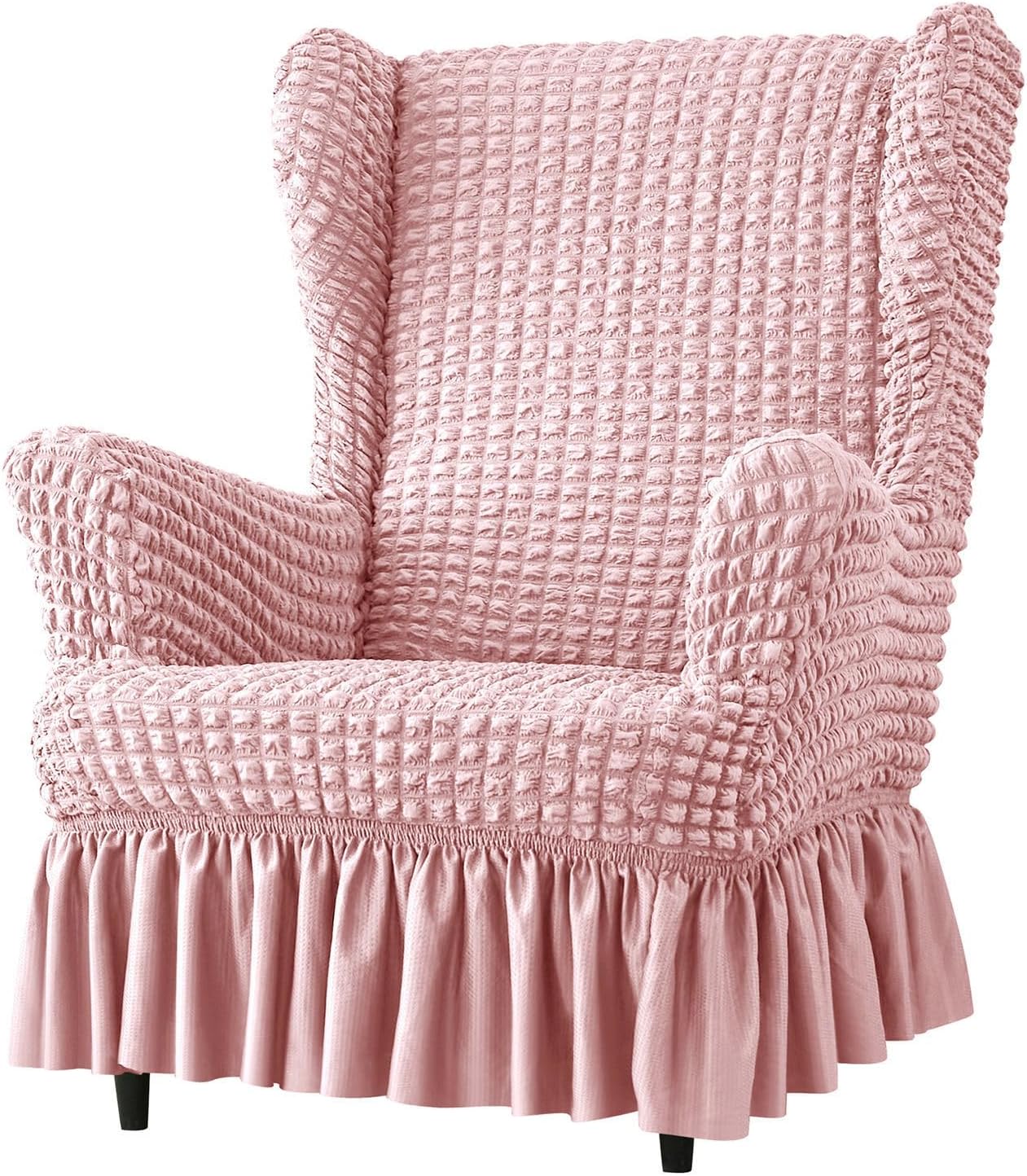 Stretch Wingback Chair Cover, Seersucker with Skirt Wing Chair Cover Removable Armchair Covers 1 Piece Soft Wing Chair Slipcover-Pink-1 Piece