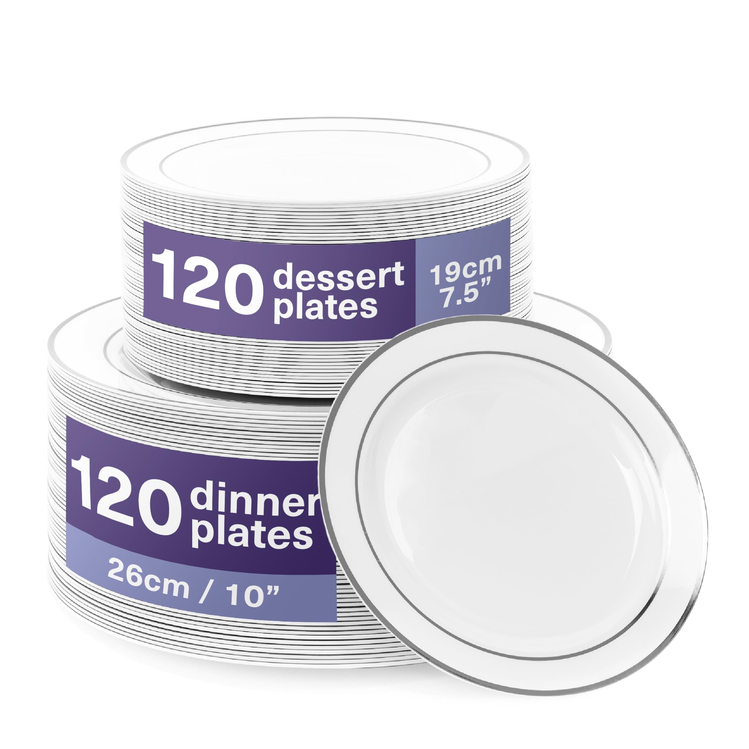 MATANA 240 Premium White Plastic Plates with Silver Rim - 120 x 26cm, 120 x 19cm - Elegant, Unbreakable & Reusable Party Plates for Weddings, Birthdays, Picnic, Parties