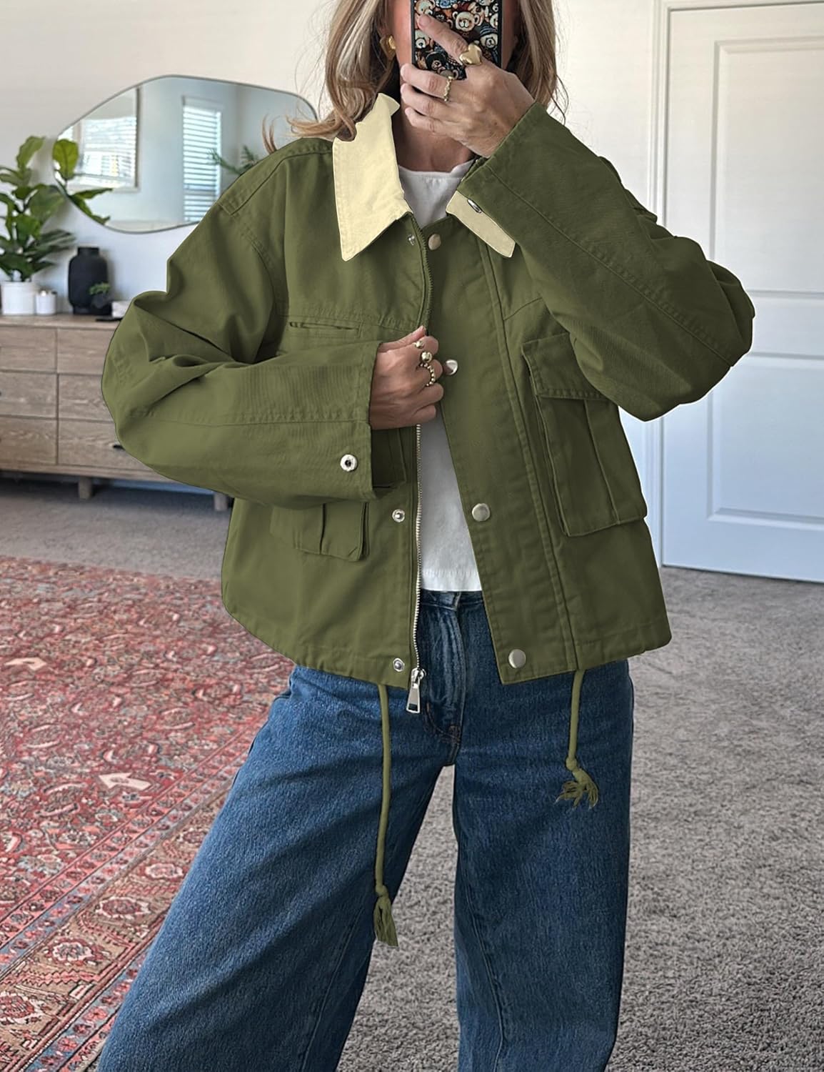 Womens Cropped Jacket Contrast Collar Utility Coat Cargo Jacket Barn Jacket Outwear with Pockets - Image 3
