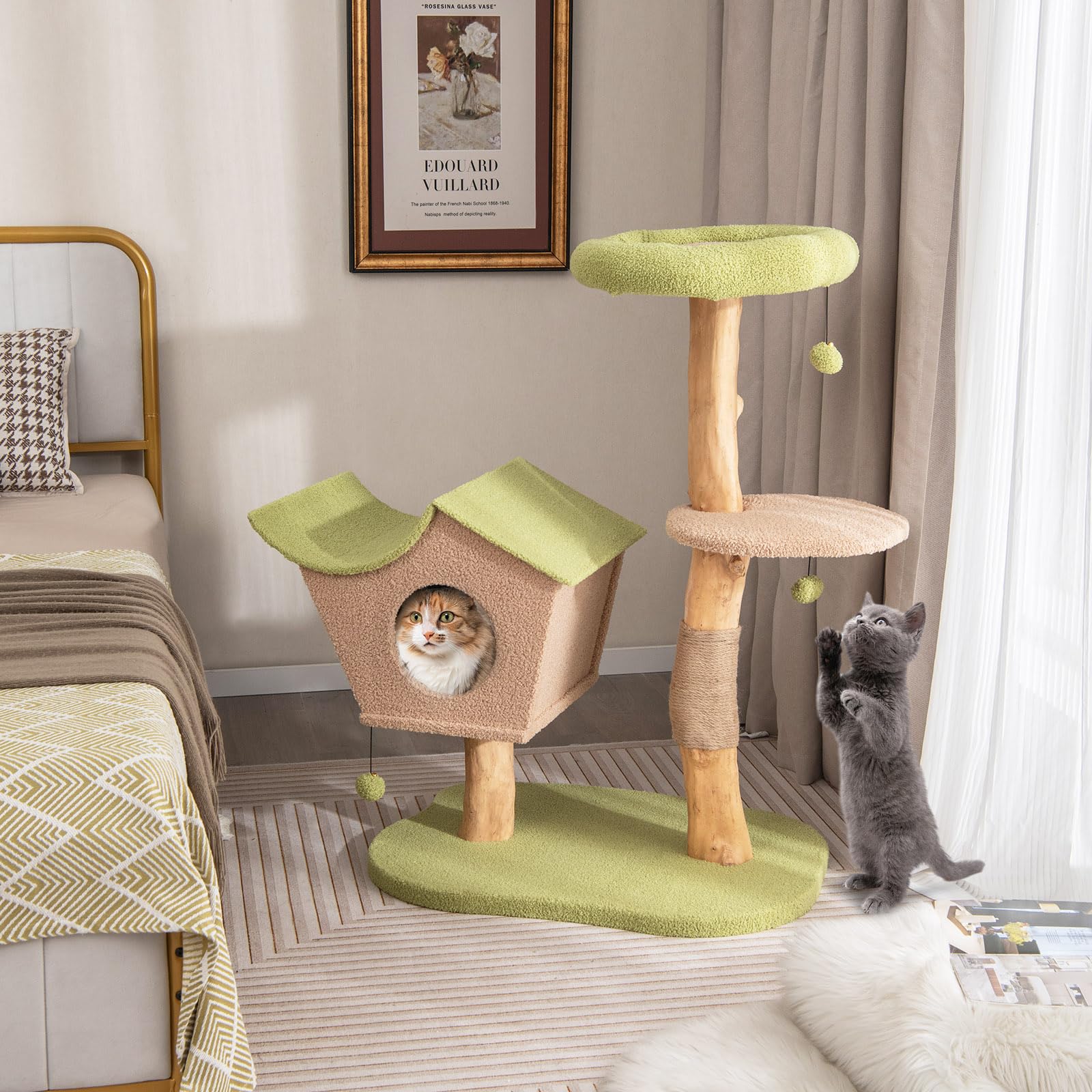 Tangkula Cat Tree, Solid Wood Tower With Jute Scratching Post, Condo, Perch, Jingling Ball, Multi-Layer Activity Center for Indoor Cats