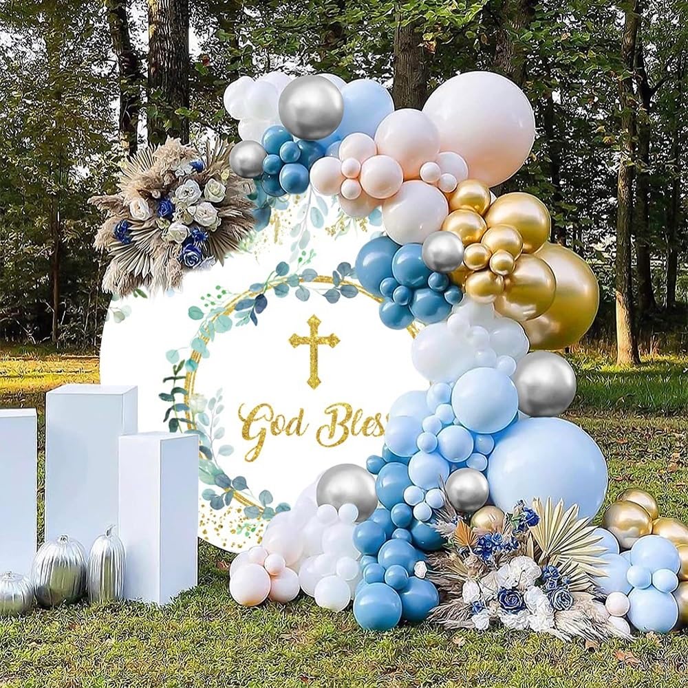 7.2x7.2ft God Bless Round Backdrop - Baptism Communion Photography Background With Cross & Eucalyptus