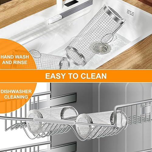 Miniatura 5 de Cesta para parrilla, 2 unidades, cestas rodantes para parrilla, accesorios para parrilla al aire libre, tubo de red de barbacoa redondo, acero