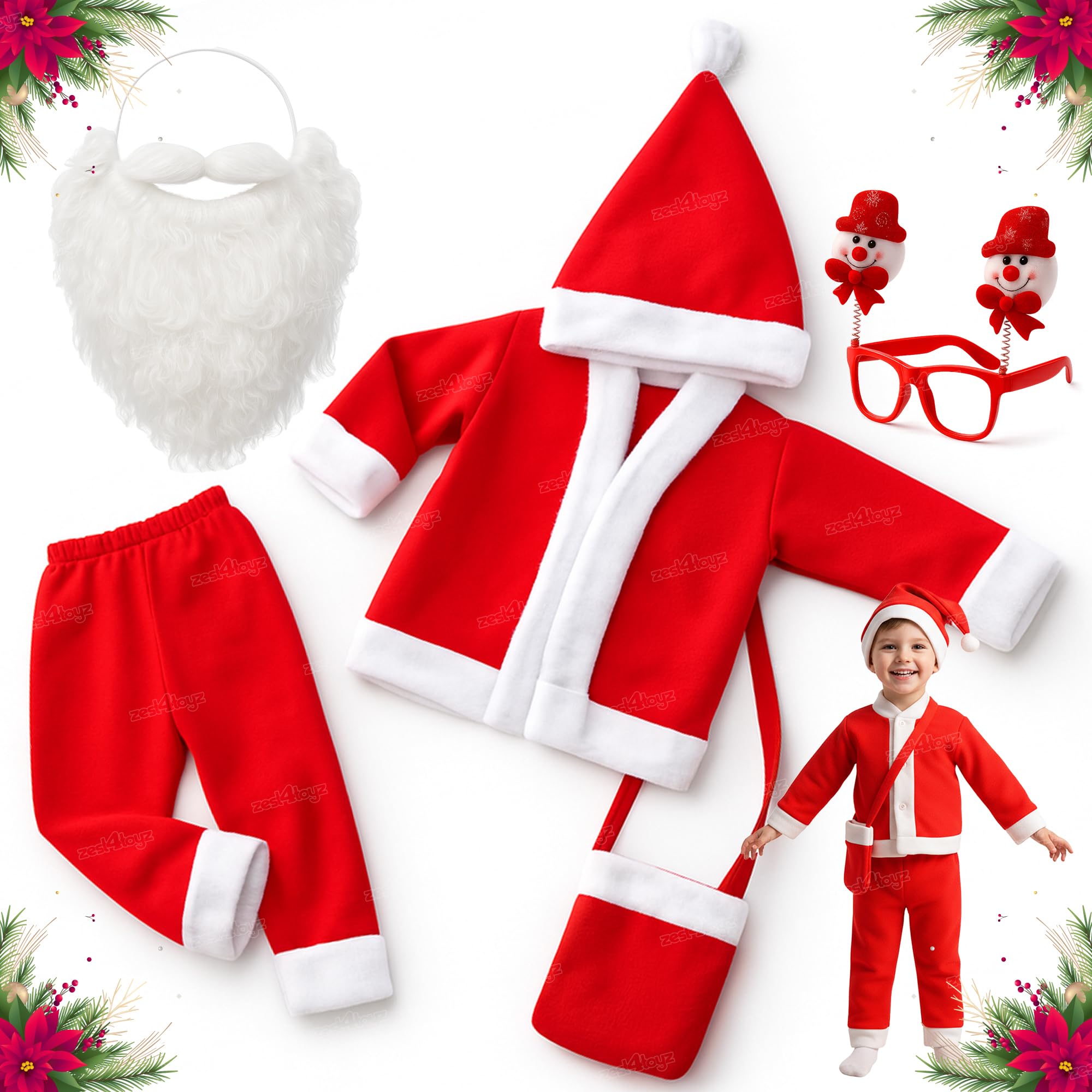Zest 4 Toyz Santa Claus Dress for Kids Christmas Dress With Jacket, Pant, Cap, Goggles, Beard and Pouch Santa Dress for Boys and Girls - Red