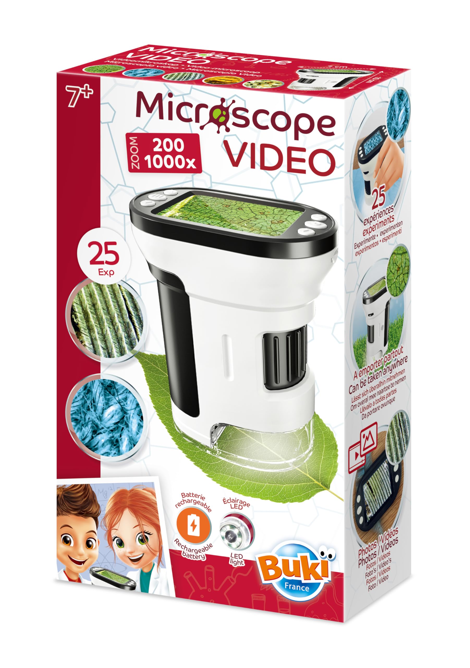 Microscopio video 200X a 1000X per bambini – Display 5 cm – LED integrato – Foto & Video – 25 esperienze incluse – Batteria ricaricabile USB – dai 7 anni – MR350 – BUKI France