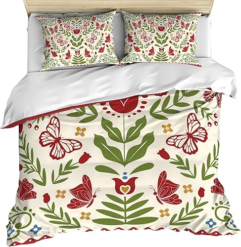 Funda de edredón floral de vid de hojas verdes, tamaño Queen, funda de edredón de encaje de mariposa roja azul amarillo con cierre de cremallera,