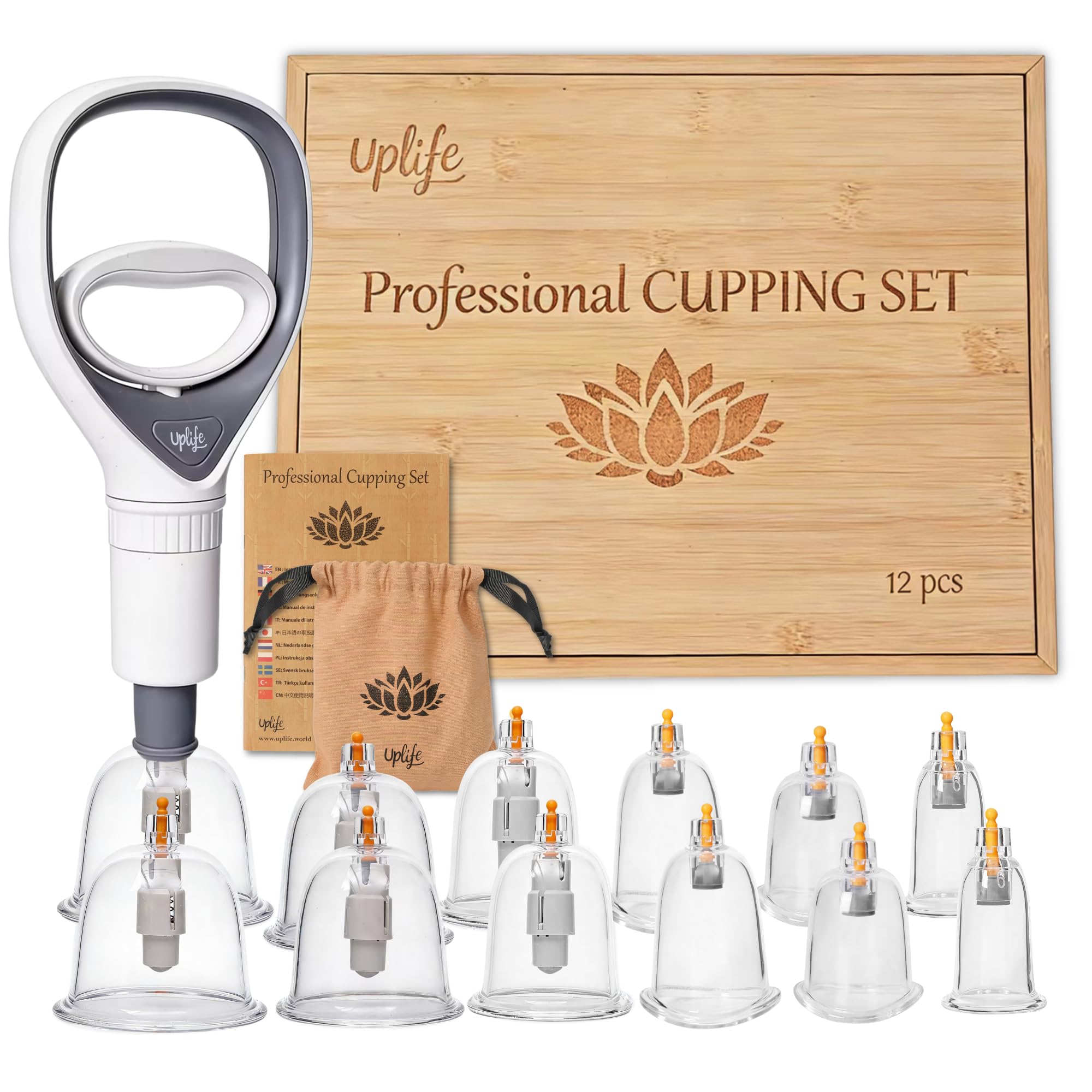 Uplife Kit de Ventouses Thérapeutiques en Polycarbonate - Instructions en Français - Ventouses Chinoises et Kiné pour Massage Anti Cellulite et Cupping - Dos Hijama (12 ventouses, 12, unité)