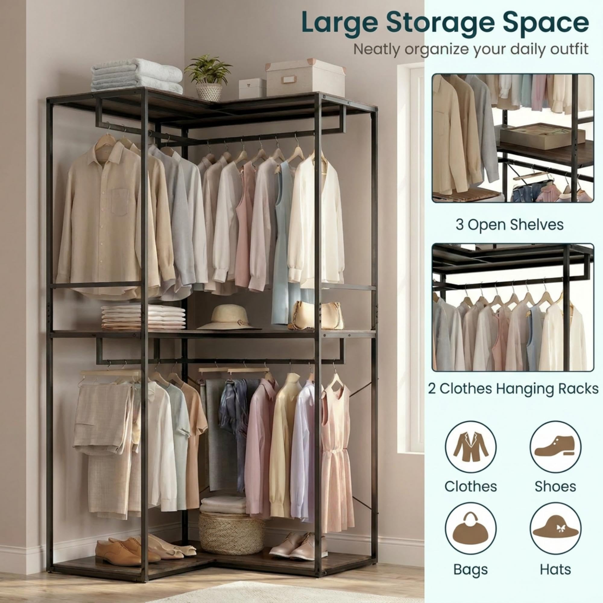 HOMASIS Stand Appendiabiti Angolare, Attaccapanni da Terra con 3 Ripiani Aperti, 4 Barre Portabiti, Guardaroba Industriale con Struttura in Metallo per Ingresso e Camera da Letto, 100 x 100 x 200 cm