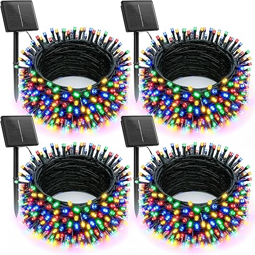 Brightown Luces solares de Navidad para exteriores, paquete de 4 tiras de luces solares de 184 pies de 480 luces LED solares para exteriores,