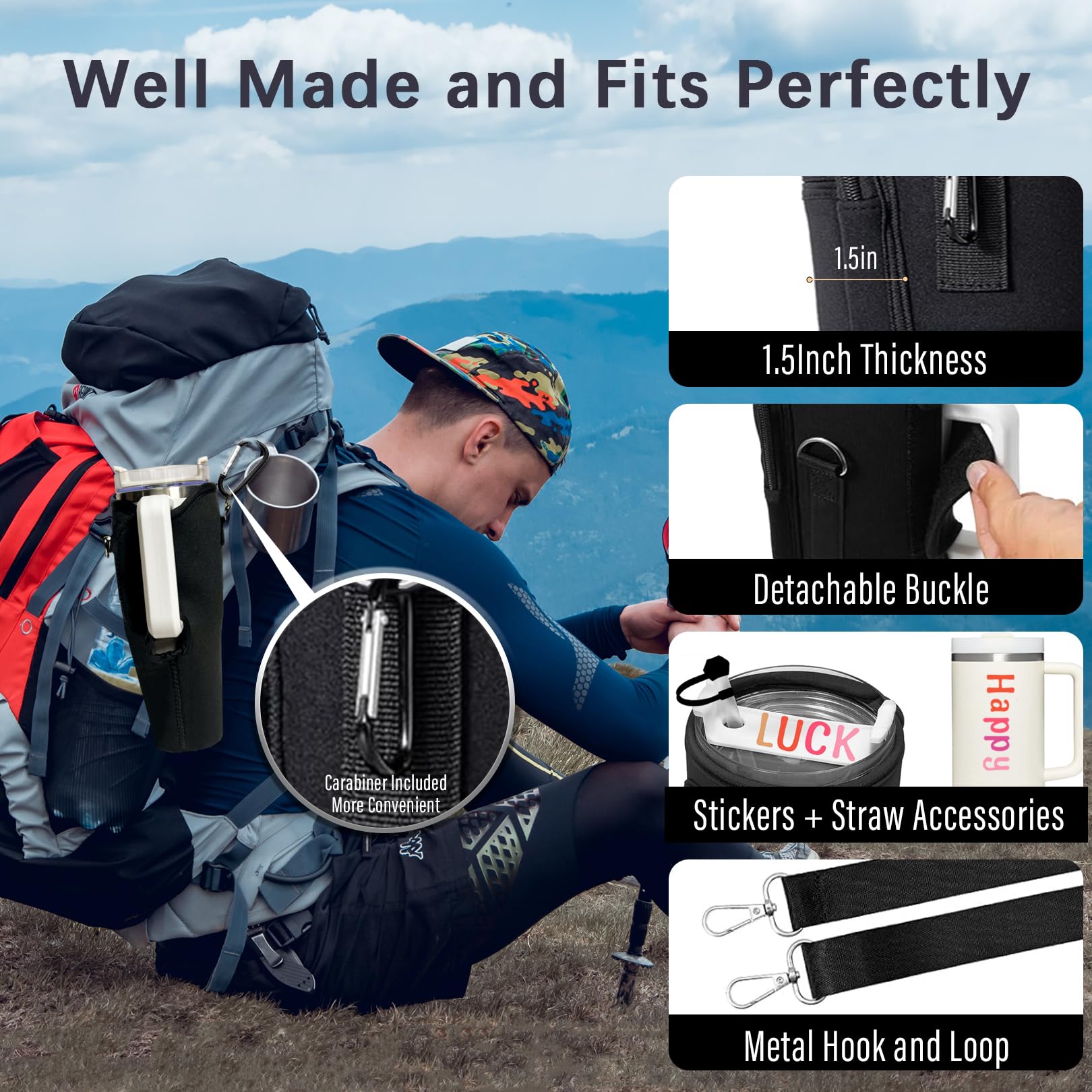 Adoryoung Cup Carrier Holder Bag with Stanley Strap, Metal Hook Loop, Stickers Cup Cover Tumbler Accessories for 40 oz Stanley, Water Bottle Pouch Holder Sling Crossbody Bag with Strap Walking (Black)