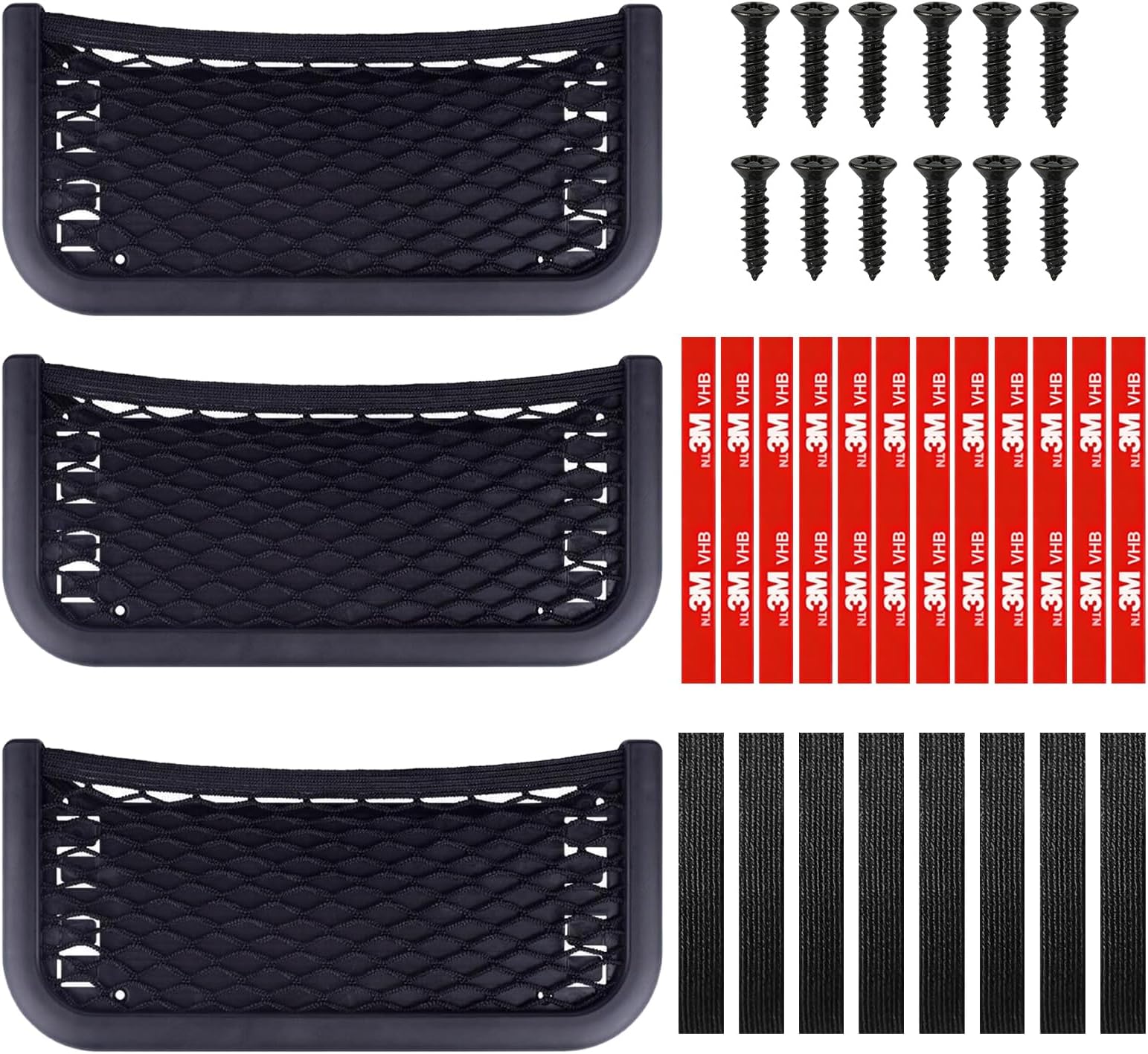 Storage Nets for Campervans, 3Pcs Car Storage Net Bag 26 x 12 cm Universal Elastic Mesh Car Storage Pocket for Storing Phone Water Bottle Toiletry(Black)