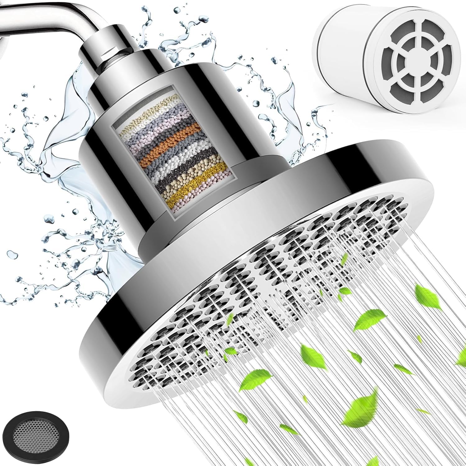 6 Inch Showerhead with Filter - High Pressure Shower Head - Anti-Clogging Silicone Nozzles - 2.5 GPM Removable Restrictor - Easy to Clean Adjustable Replacement & install with Plumbers Tape
