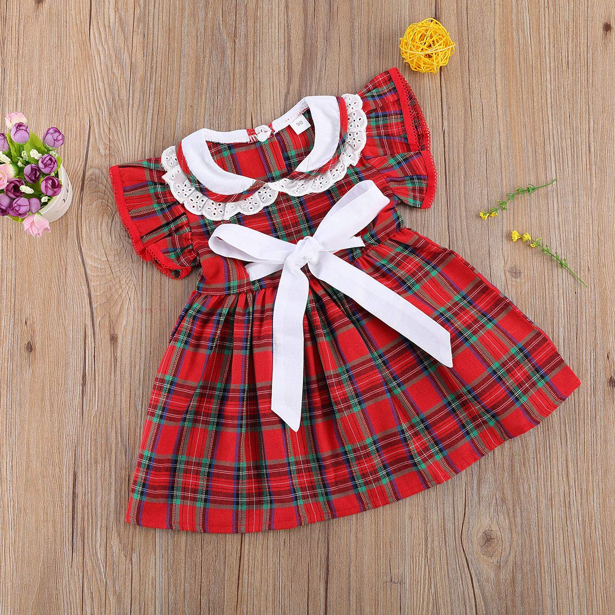 FIOMVA Toddler Kids Baby Girl Plaid Dress Ruffle Long Sleeve Tutu Dresses Party Princess Outfit Fall Winter Clothes (Short Sleeve White Bow,2-3T)
