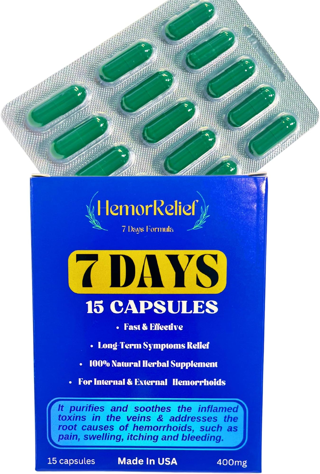 - 7Days 15 Capsules, Natural Herbal, Fast & Long-Term Relief, Address Root Cause, Internal & External Hemorrhoids