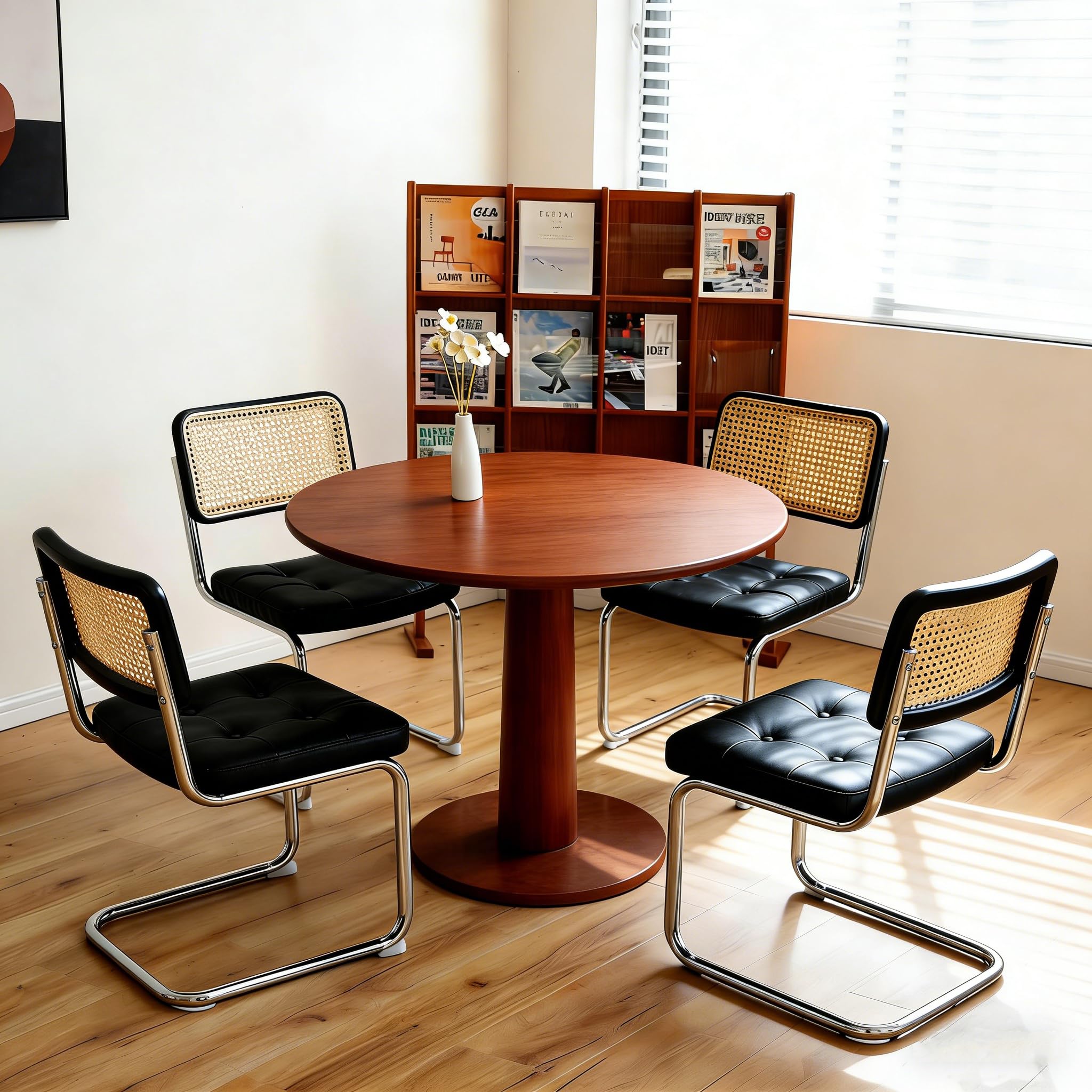 4er Set Freischwinger Esszimmerstühle aus Kunstleder & Rattan – Gepolsterte Küchenstühle mit Chromgestell geflochtene Rattan Rückenlehne Eichenholz ,Küchenstuhl Freischwinger Polsterstuhl(Schwarz-PU)