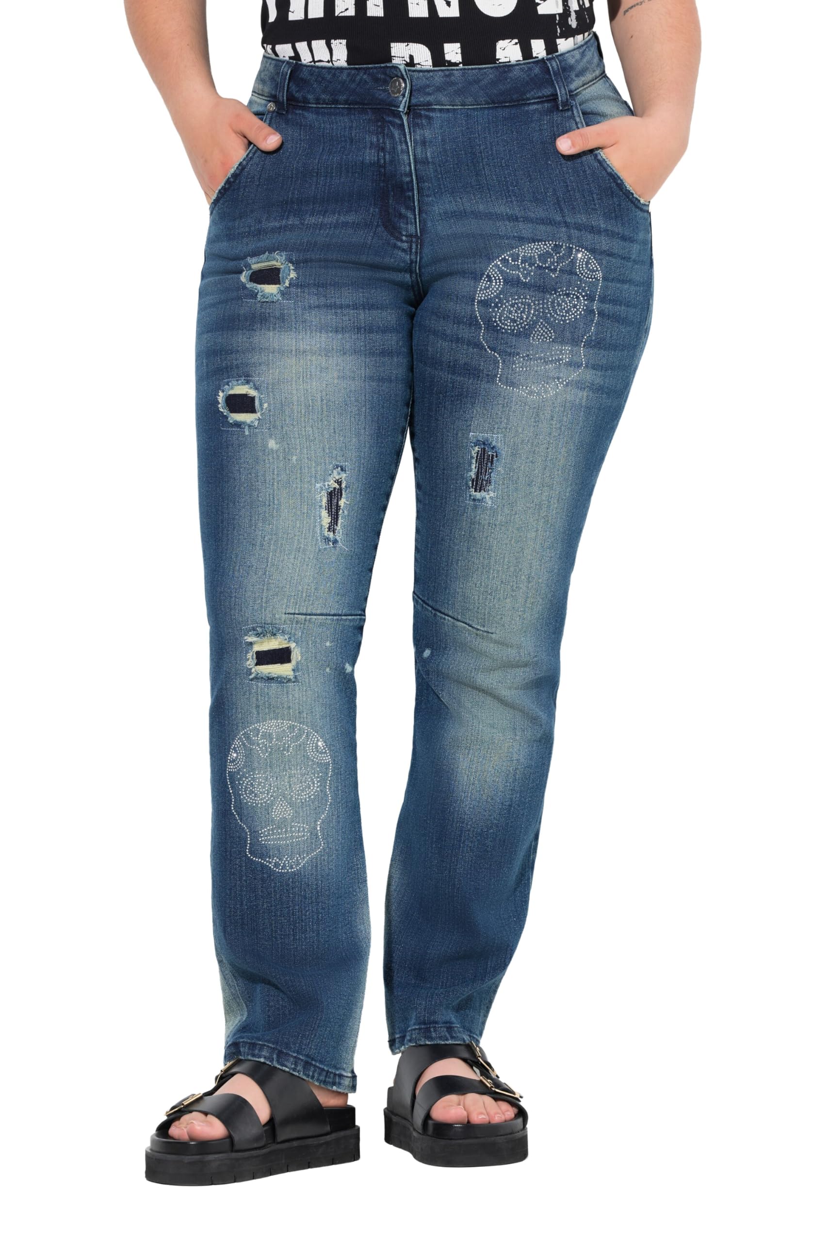 Angel of Style Damen große Größen Übergrößen Plus Size Jeans Paula, Straight Fit, Totenkopf, Destroys 843181