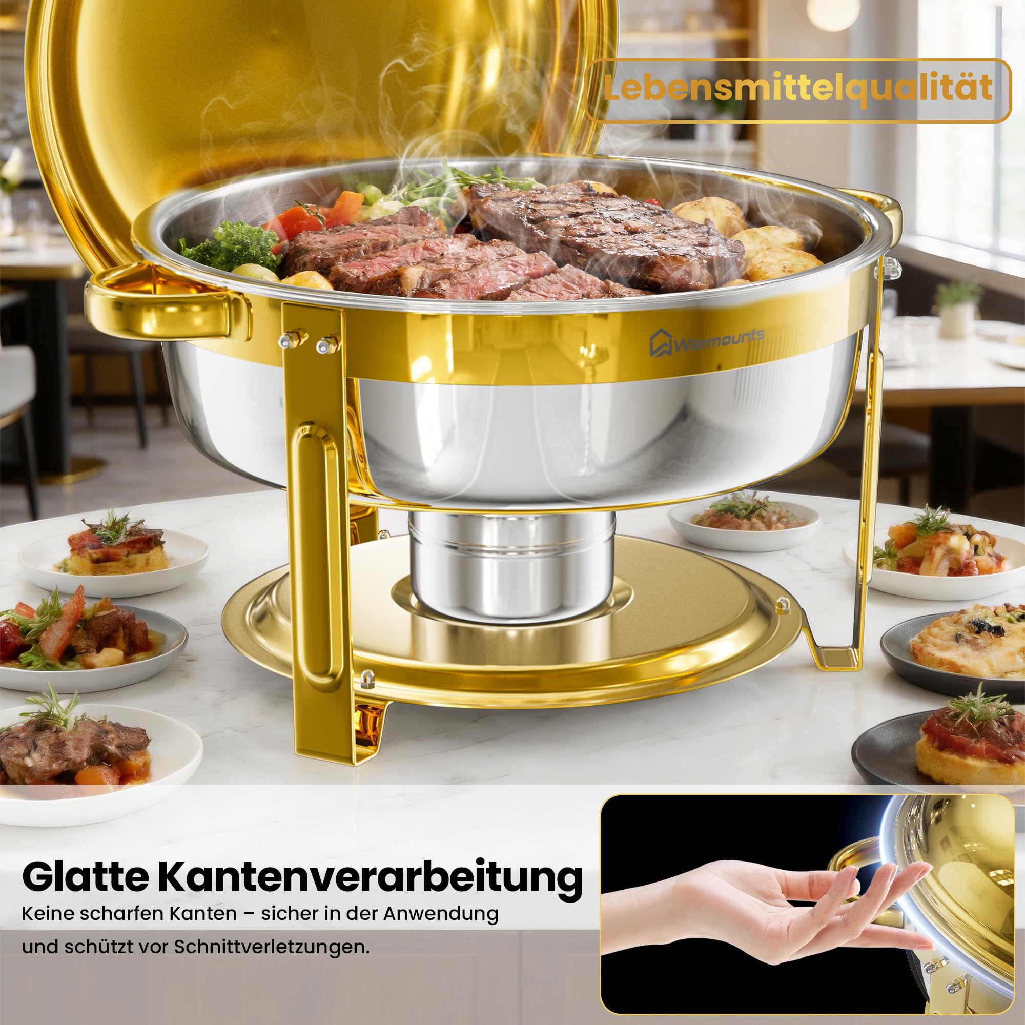 WARMOUNTS Chafing Dish 4er Set 6L Gold, Speisenwärmer Buffet Rund Edelstahl mit Deckelhalter, Warmhaltebehälter Stapelbar Catering Rechaud für Gastronomie, Partys & Hochzeiten