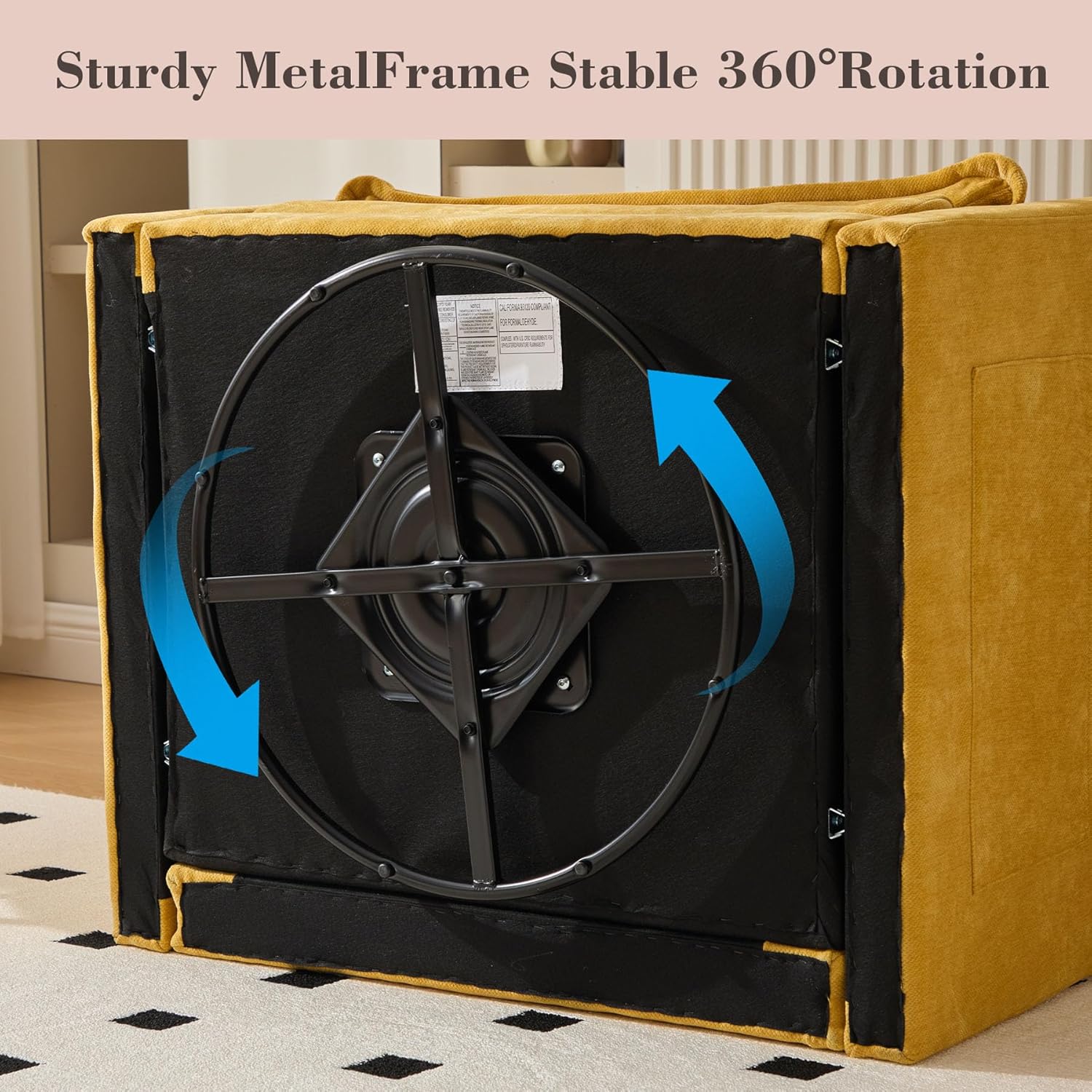 Swivel Accent Chairs for Living Room, 36.2" Comfy Swivel Chair with Solid Metal Base, Single Sofa with Pillows & Side Pockets (Mustard Yellow)