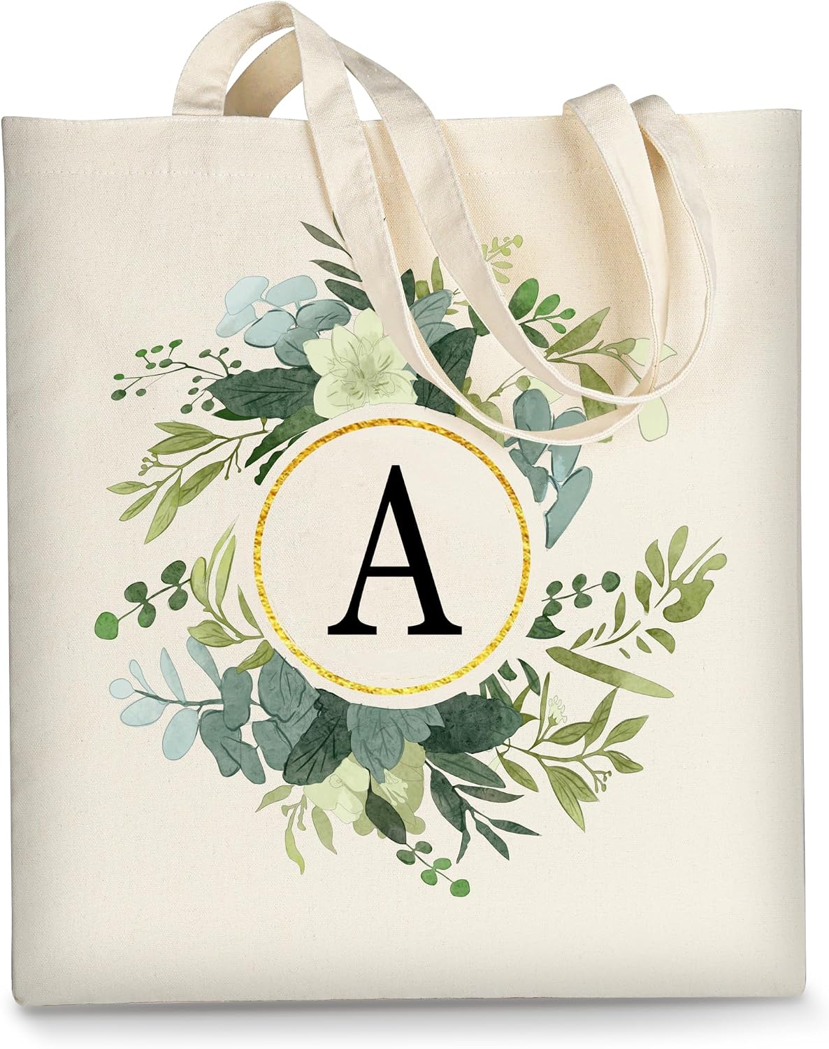AUSVKAI Cute Aesthetic Leaf Initial Canvas Tote Bag for Women - Trendy 100% Cotton Reusable Grocery Beach Shopping Bag