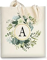 AUSVKAI Cute Aesthetic Leaf Initial Canvas Tote Bag for Women - Trendy 100% Cotton Reusable Grocery Beach Shopping Bag