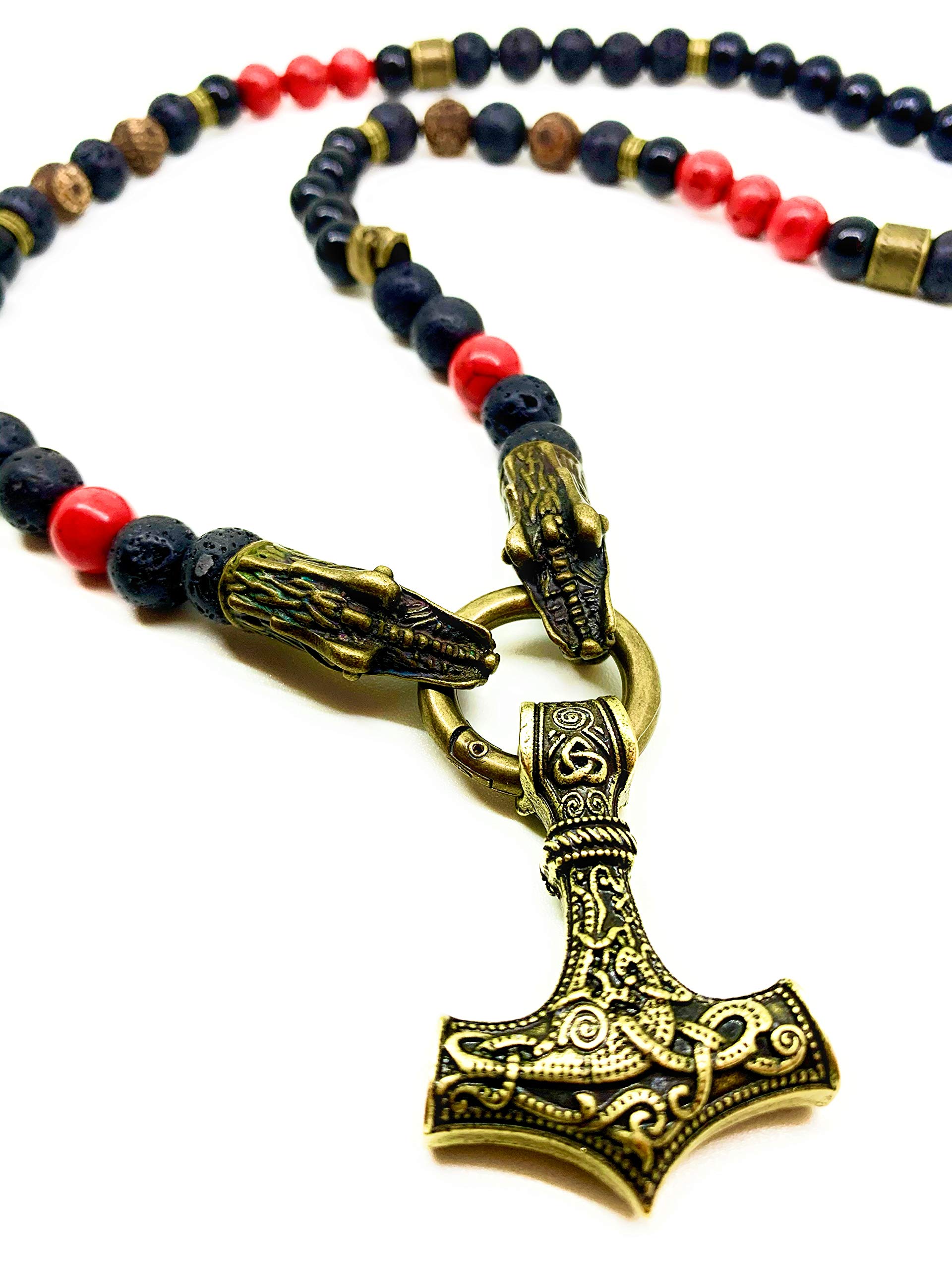 Drachen Kette | Perlenkette mit Thors Hammer/Mjolnir | Rocker-Schmuck | Biker-Schmuck | Wikinger-Schmuck
