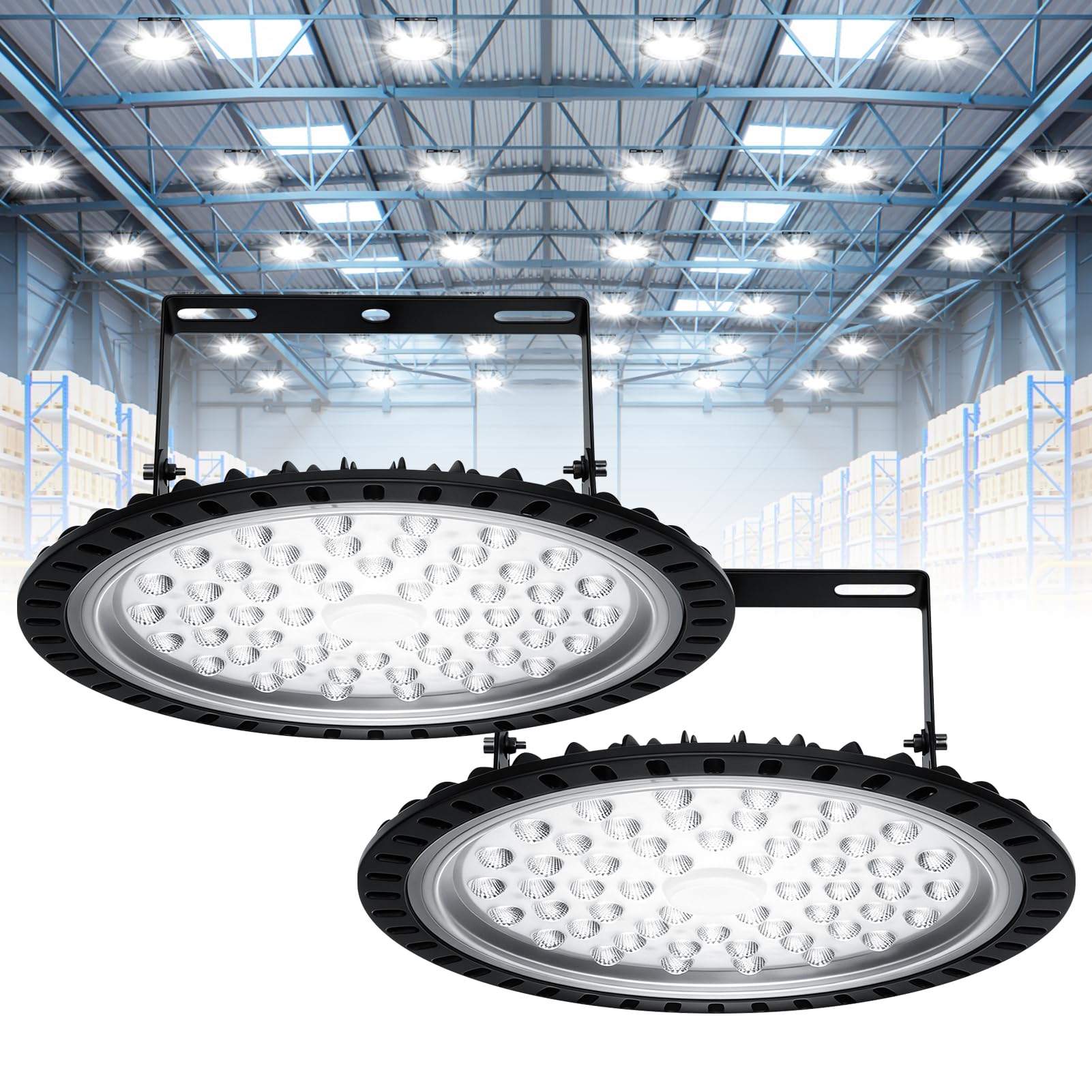 Viugreum 2 PACK UFO LED 200W, Foco LED de Exterior 200W, ​Lámpara de Alta Bahía 20000LM, Blanco Frío 6500K, Lámpara Industrial IP65 Impermeable,Campana Led Industrial para Garaje/Fábrica/Taller