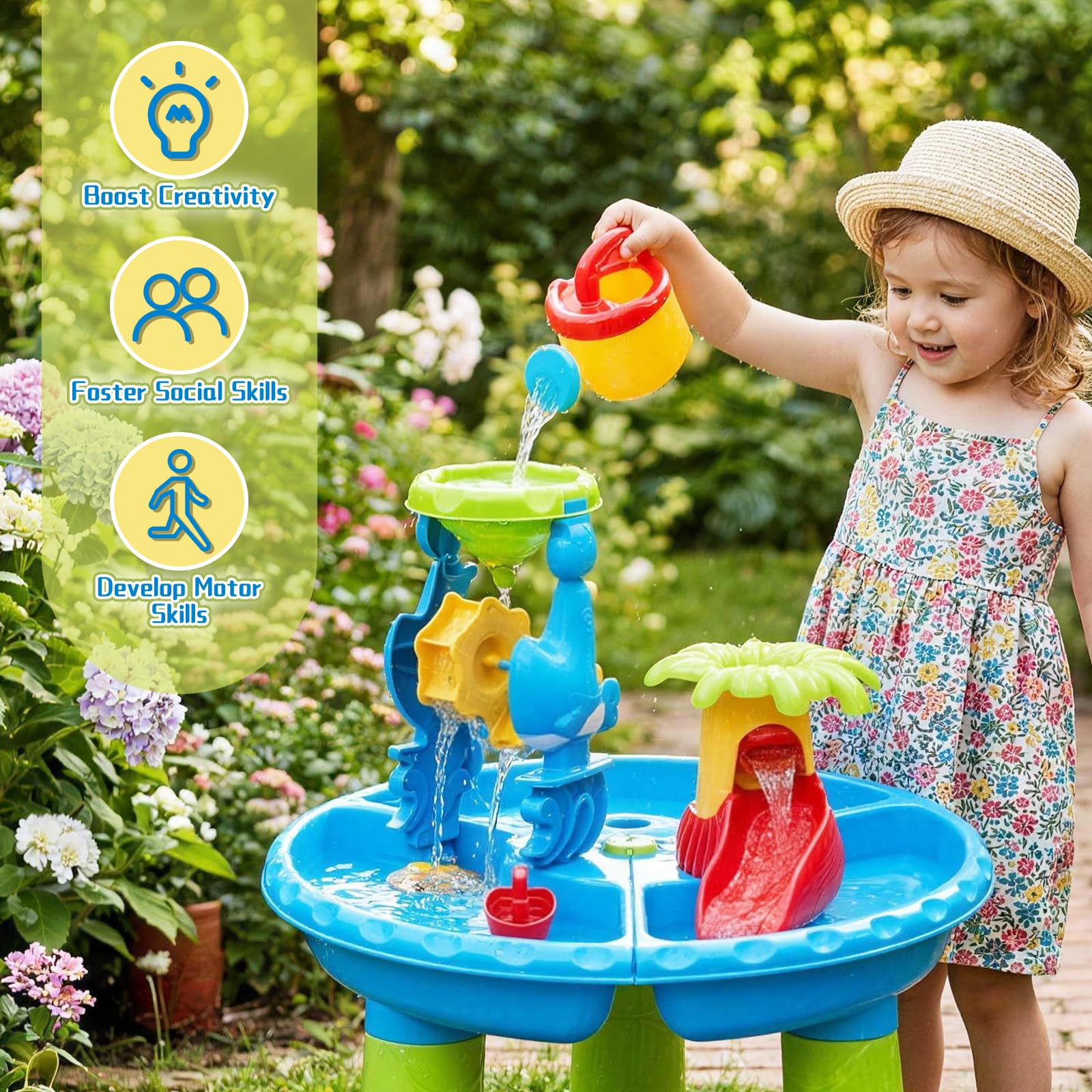 deAO Table de Sable et d'eau avec Chaise, Jeu Plein Air Enfant dès 3 Ans | Table d'Activités Sensorielle Enfant, Pour Jardin ou Plage, Inclus Bateau, Pelle, Râteau, Tamis, 1-3 Enfants, Garçons Filles