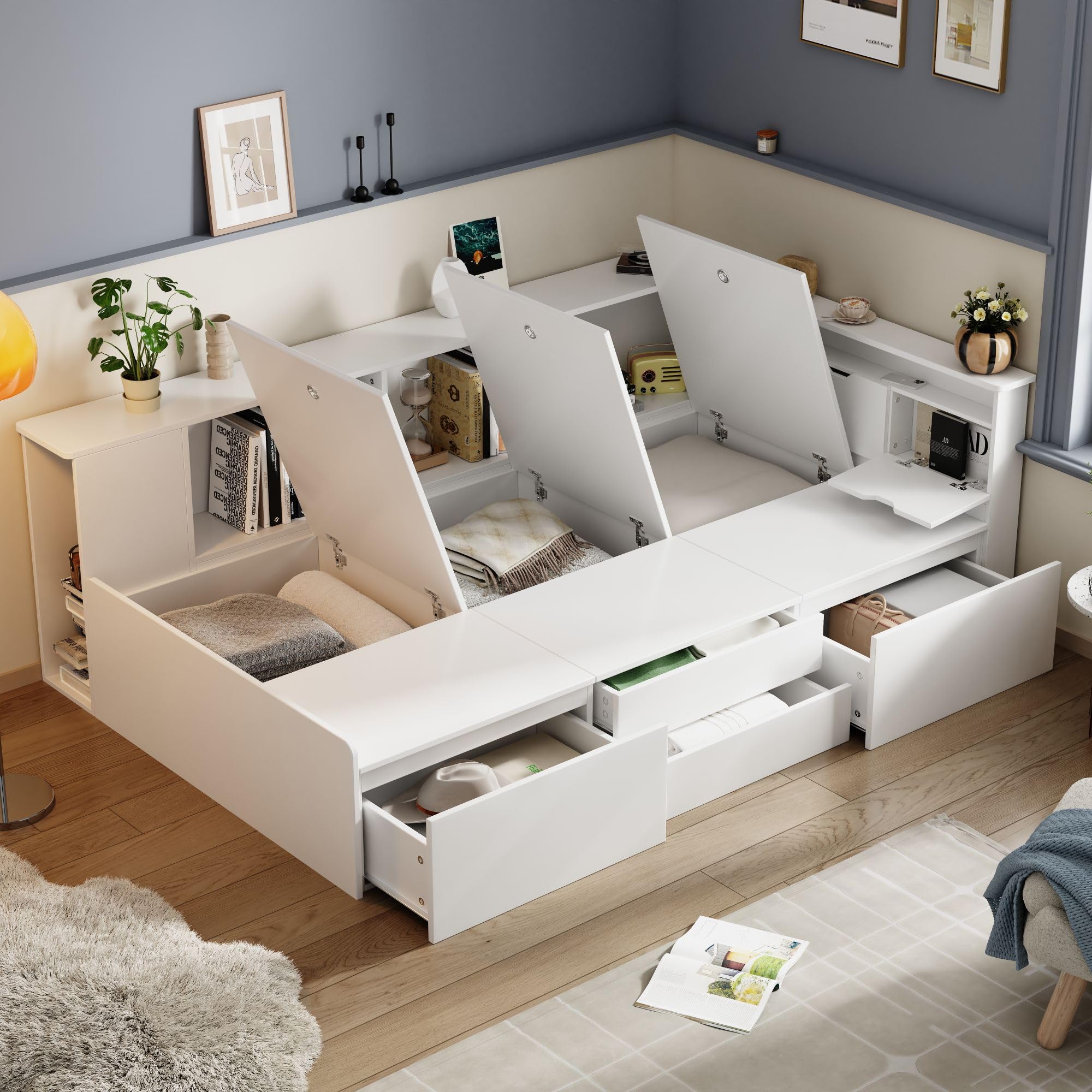 Rtopsu Letto Singolo 90x200 cm con Contenitore Cassetti e Libreria, Letto Multifunzionale per Bambini con Vano Portaoggetti e Rete a Doghe in Legno, Rete con 3 Contenitore, Bianco, Senza Materasso