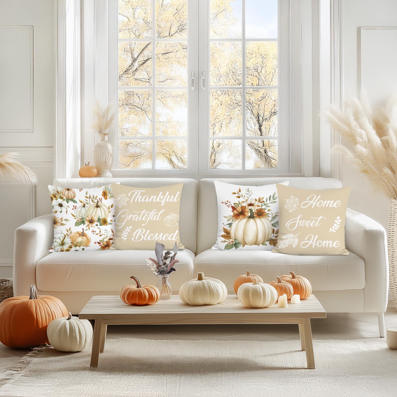 4 Housses De Coussin Citrouille 45x45cm - Imprimé Floral Automne Beige/orange - Tissu Velouté Doux - Fermeture éclair Cachée