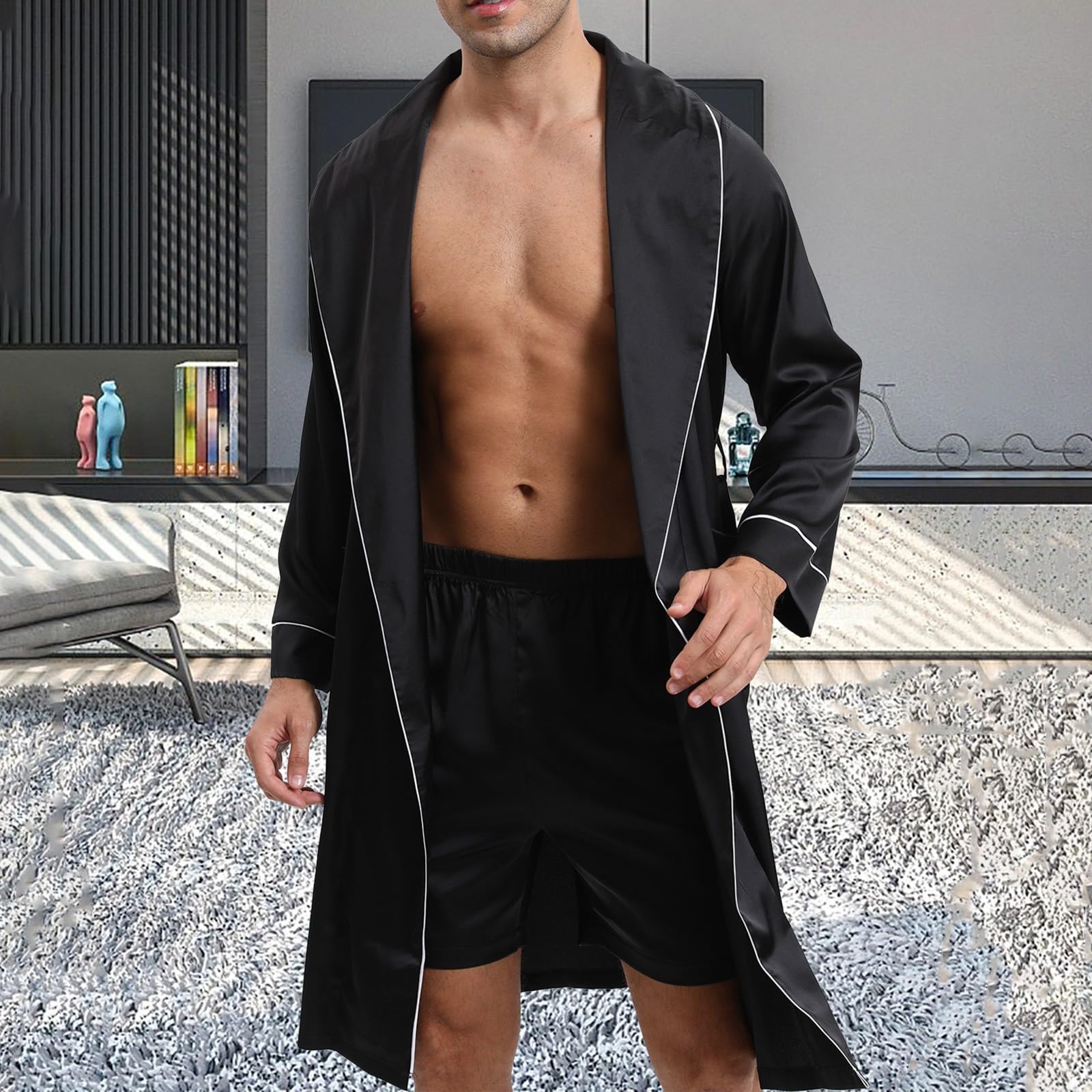 Ensemble de pyjama 2 pièces pour homme - Peignoir court + vêtements de nuit - Kimono d'été - Pyjama sexy et léger - Short court - Léger et doux