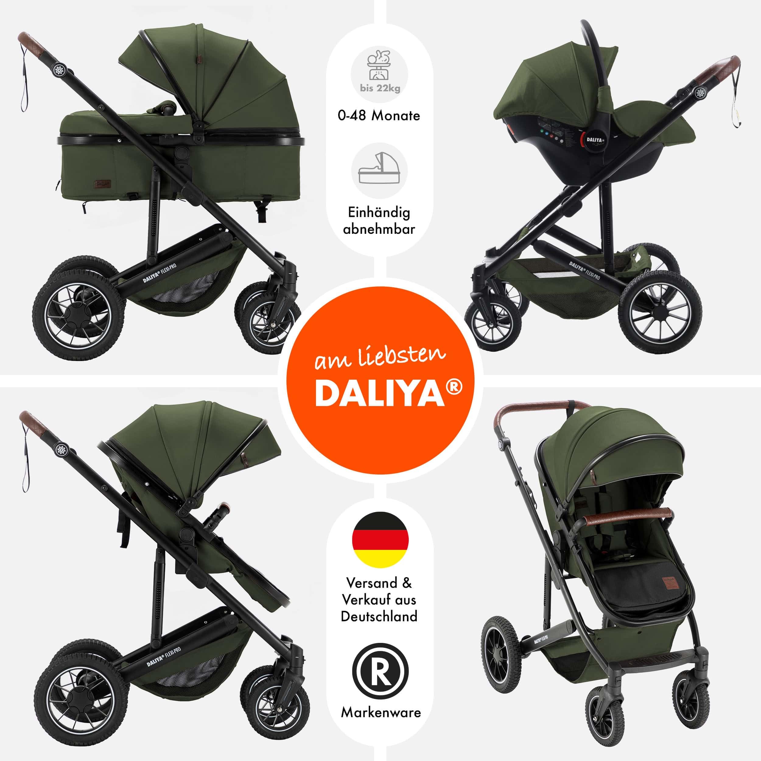 Daliya® FLEXI-PRO M 3in1 Kinderwagen & Buggy mit i-Size Babyschale, Viel Zubehör (Olivgrün)