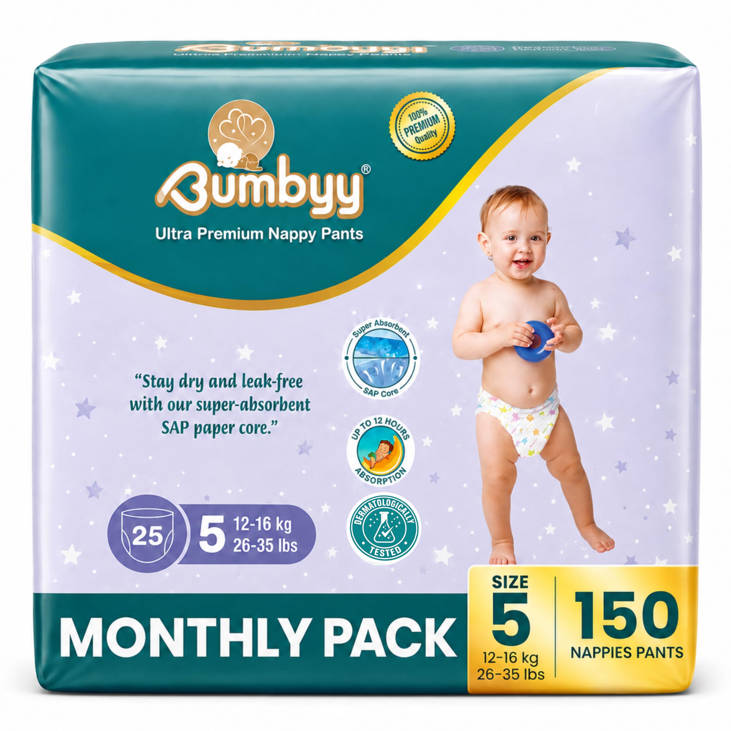 Couche Taille 5 Bébé Bumbyy 12-16 kg – Ultra Douces & Absorbantes | Jusqu’à 12h de Confort, Anti-Fuites | Couche Culotte Taille 5 | Couches Taille5 Confortables pour Peau Sensible – 150 Couches