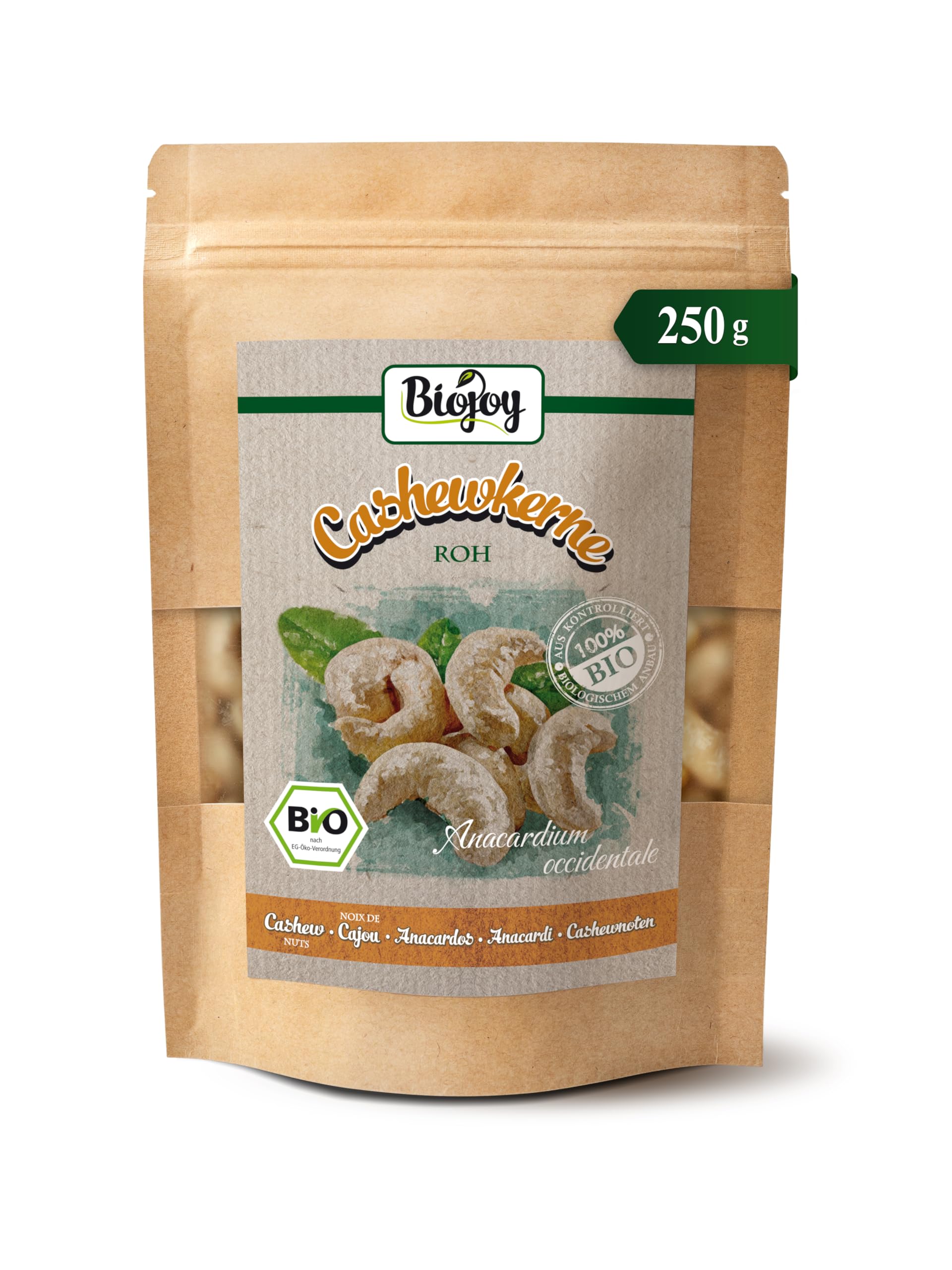 Biojoy BIO-Cashewkerne ganz (250 g), roh und unbehandelt, Cashew-Nüsse