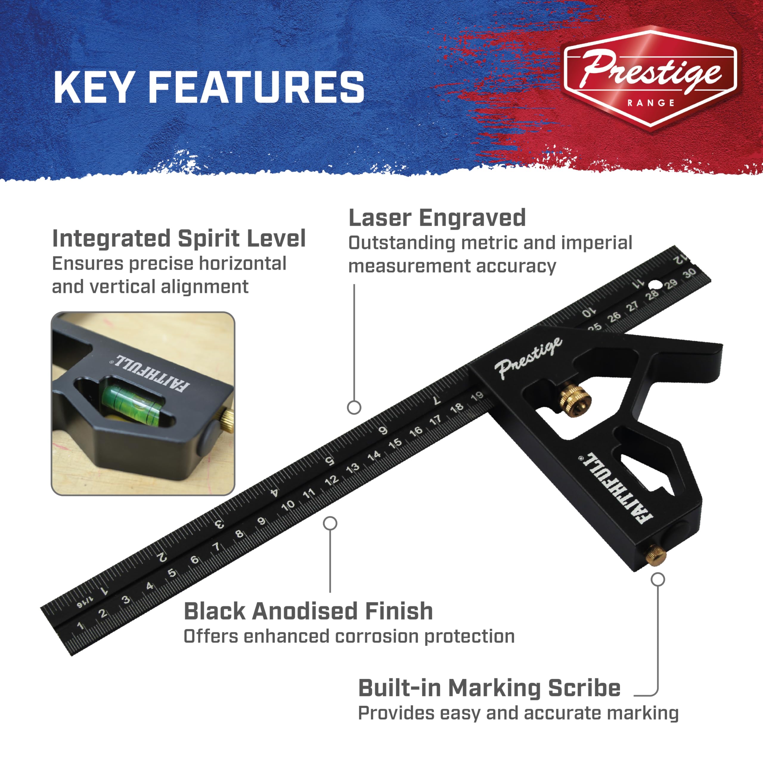 Équerre combinée Faithfull Prestige en aluminium noir 300 mm (12 po) – Outil multifonction de mesure et de traçage avec niveau à bulle et pointe à tracer pour le travail du bois et du métal