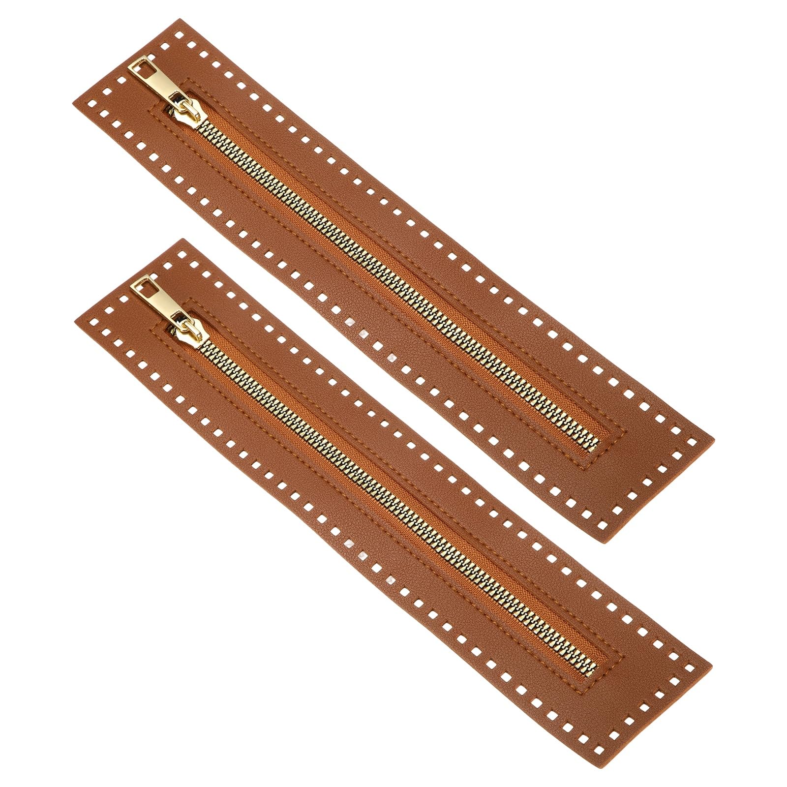 M METERXITY 2Pcs PU Leather Zipper, 10.6In Coil Frame Metal Close End Crochet Zippers with Holes for Sewing Handbag/DIY Purse/Clothing Making [Brown]