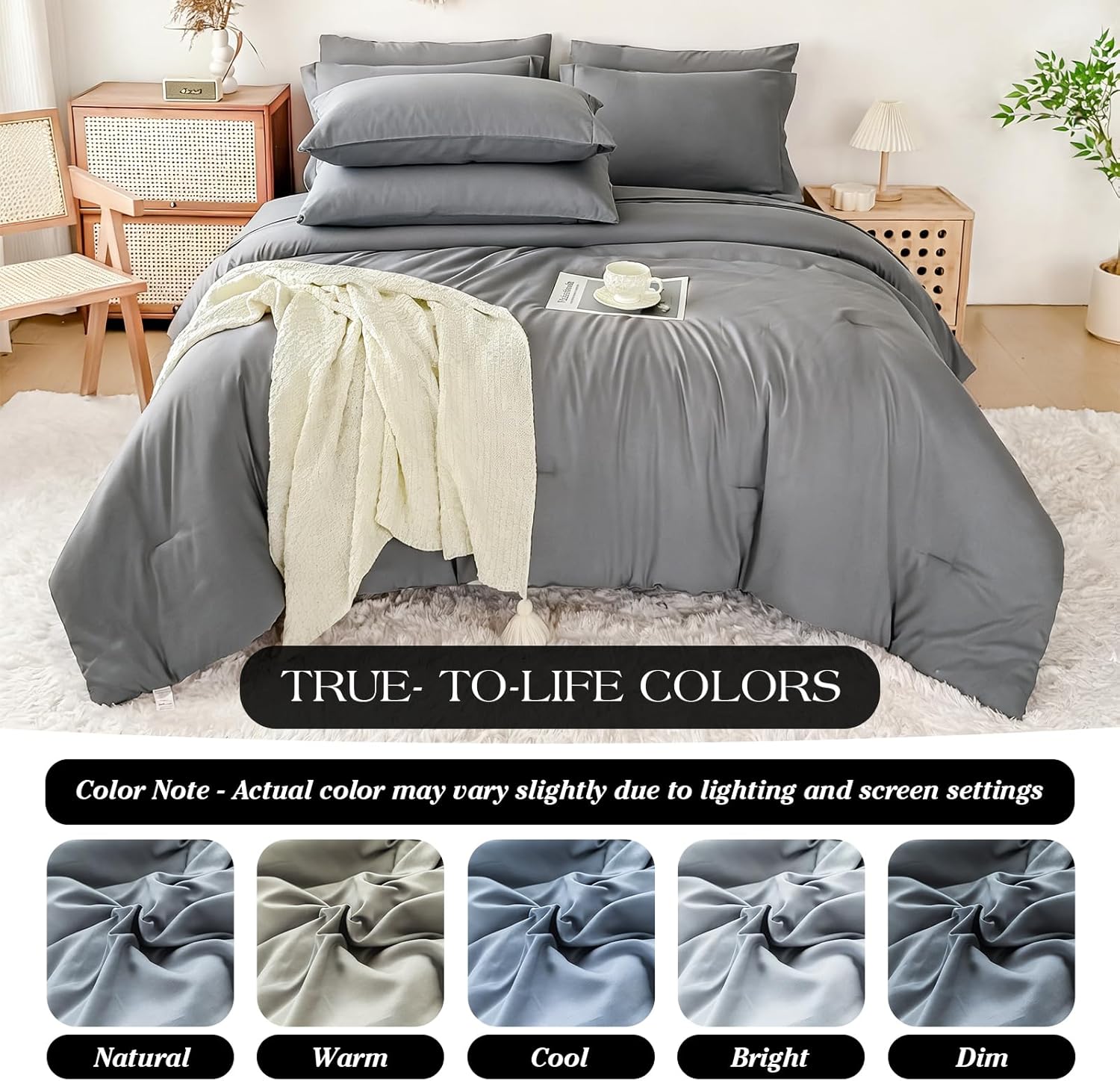 Double Brushed Micorfiber Twin Comforter Set Silver Gray- 7-Piece Bed in a Bag, All-Season Soft Bedding with Sheets & Envelope Pillowcases (68"x88",Twin)