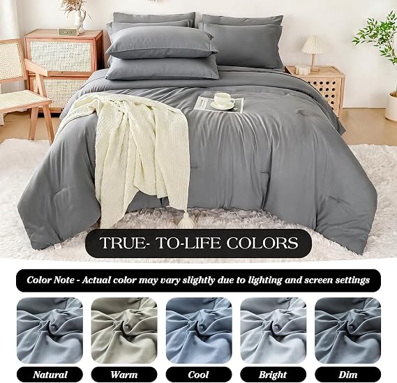 Double Brushed Micorfiber Queen Comforter Set Silver Gray - 7-Piece Bed in a Bag, All-Season Soft Bedding with Sheets & Envelope Pillowcases (88x88,Queen)