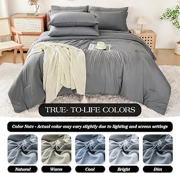 Double Brushed Micorfiber Queen Comforter Set Silver Gray - 7-Piece Bed in a Bag, All-Season Soft Bedding with Sheets & Envelope Pillowcases (88x88,Queen)