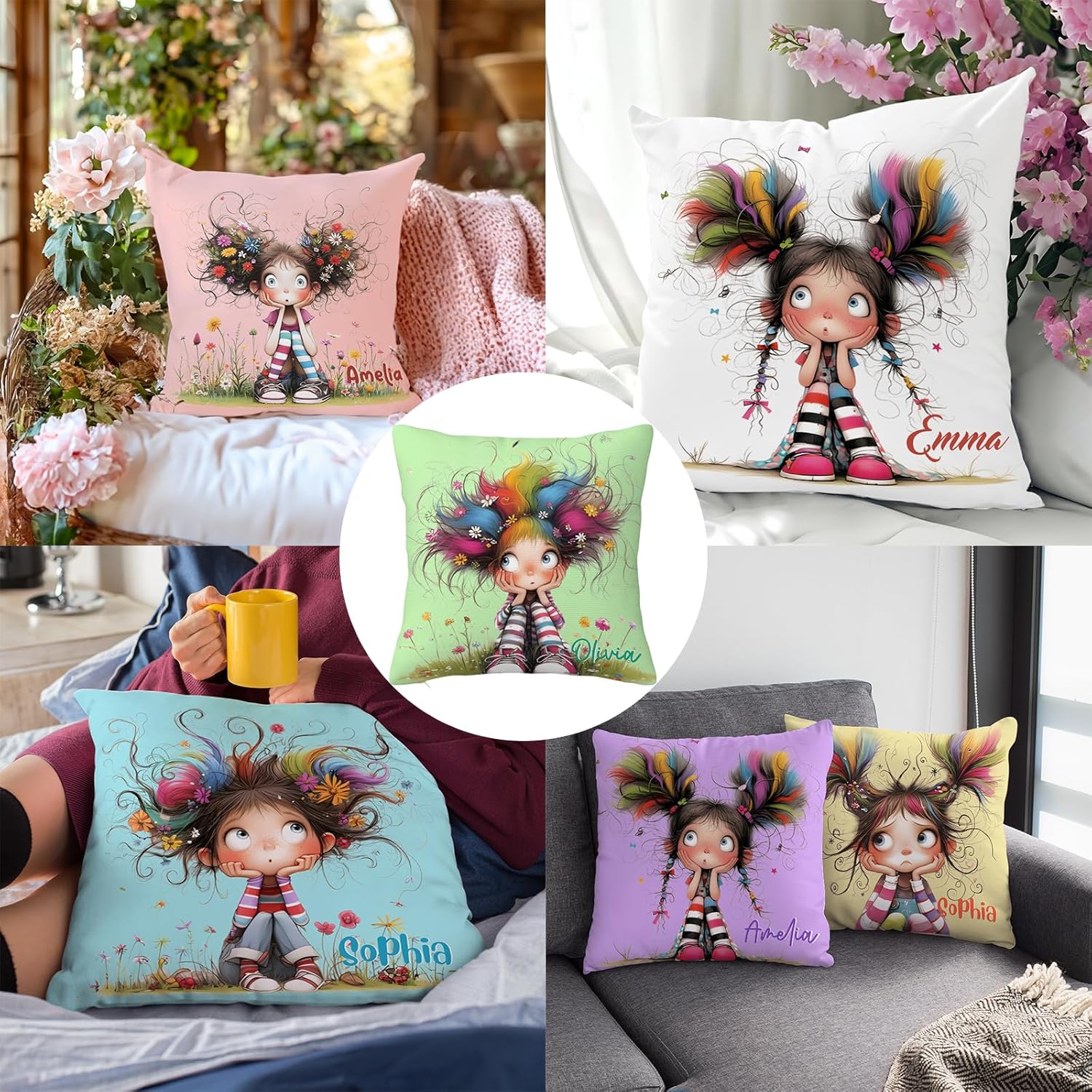 Custom Pillow Cover - Personalized Double Sided Pillow Covers with Cartoon Quirky Girl & Name - Decorative Throw Pillows for Bed, Sofa, Couch
