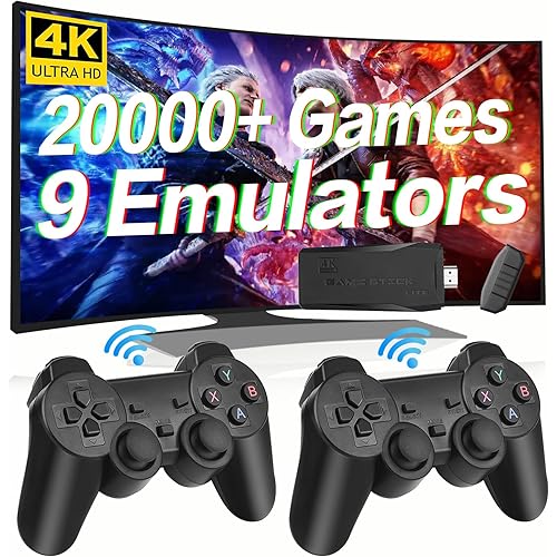 Wireless Retro Game Console, Plug & Play Video TV Game Stick with 20000+ Games Built-in, 9 Emulators, 4K HDMI Nostalgia Stick Game for TV, Dual 2.4G Wireless Controllers, 64G