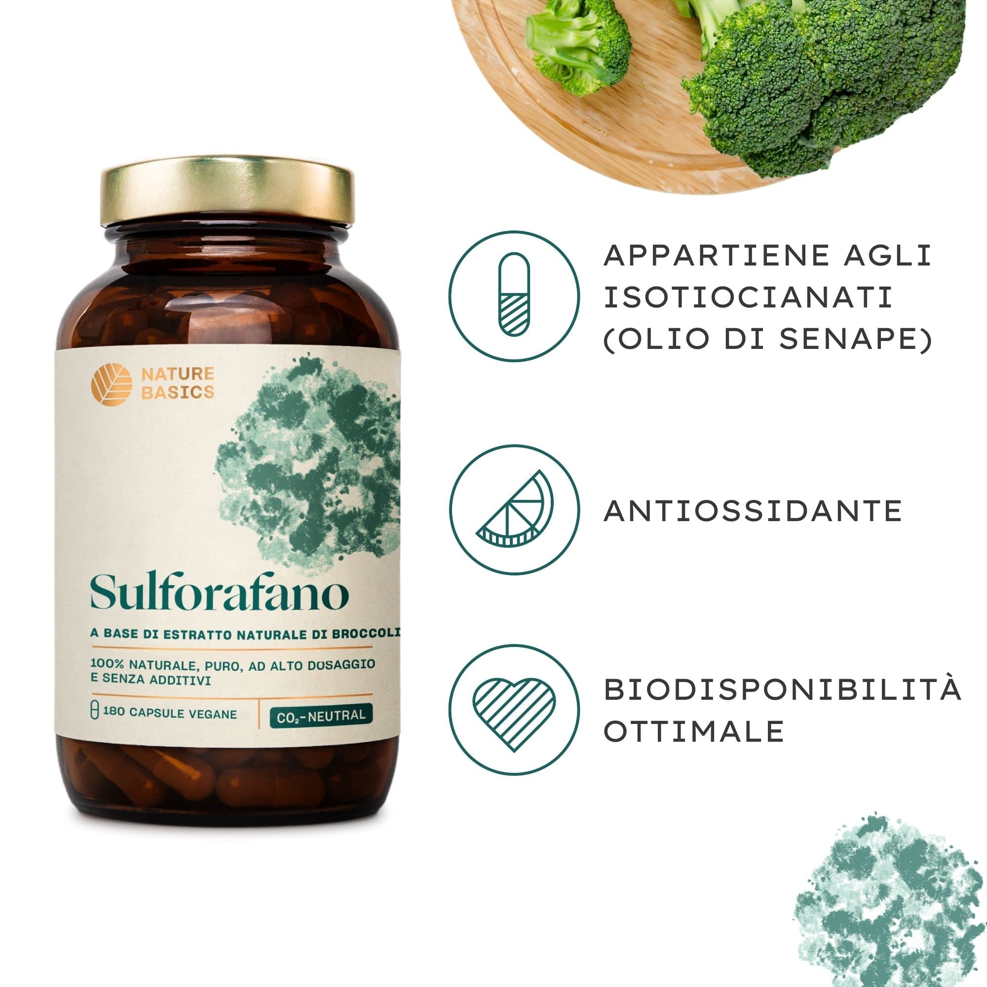 Nature Basics® sulforafano naturale (estratto di broccoli) certificato e sostenibile | 180 capsule ad alto dosaggio | 500 mg per capsula con 50 mg di sulforafano