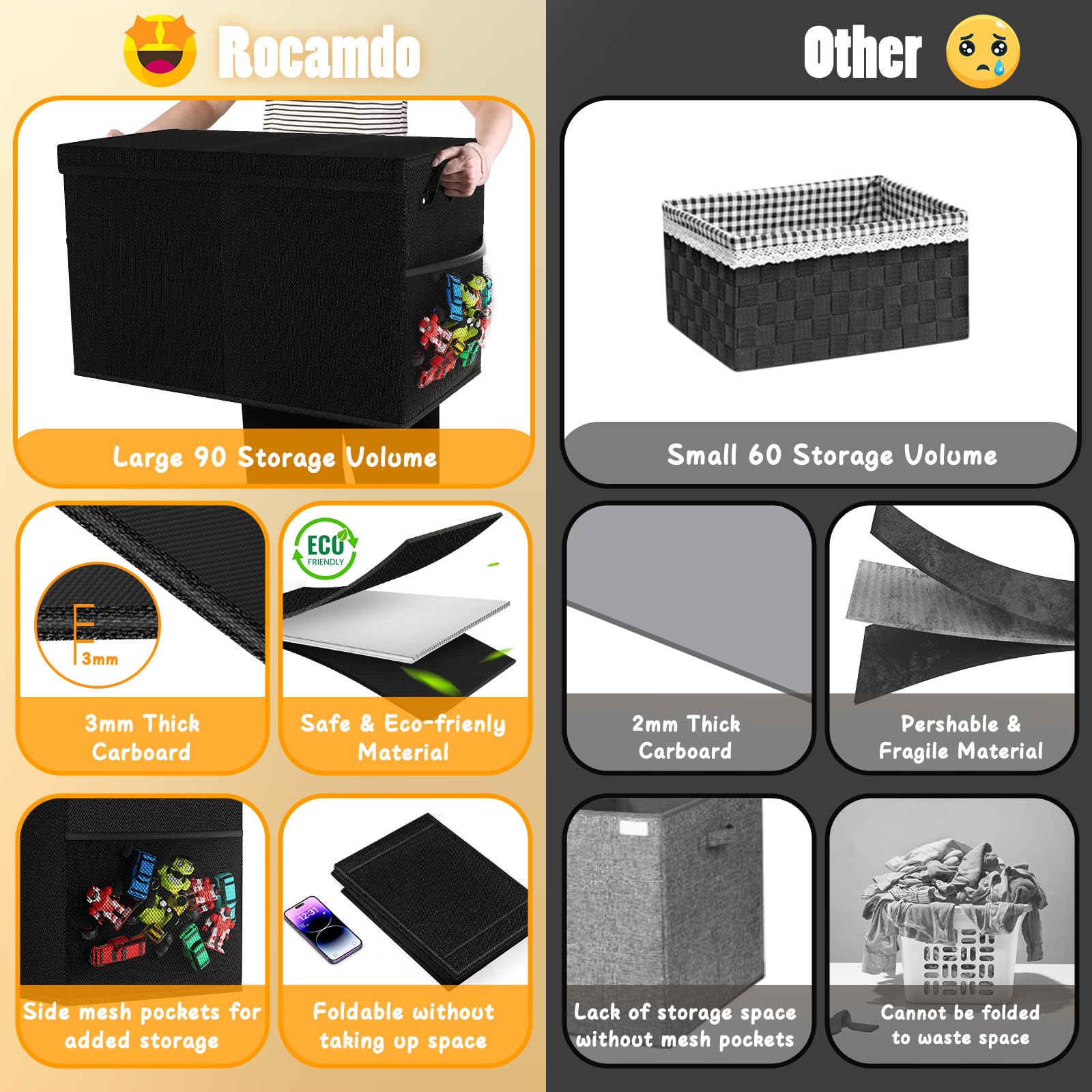 Rocamdo Caja de juguetes extra grande con tapa, organizador de almacenamiento de juguetes plegable con divisor extraíble para niños, niñas, cuarto de bebé, sala de juegos, armario, 25 x 13 x 16
