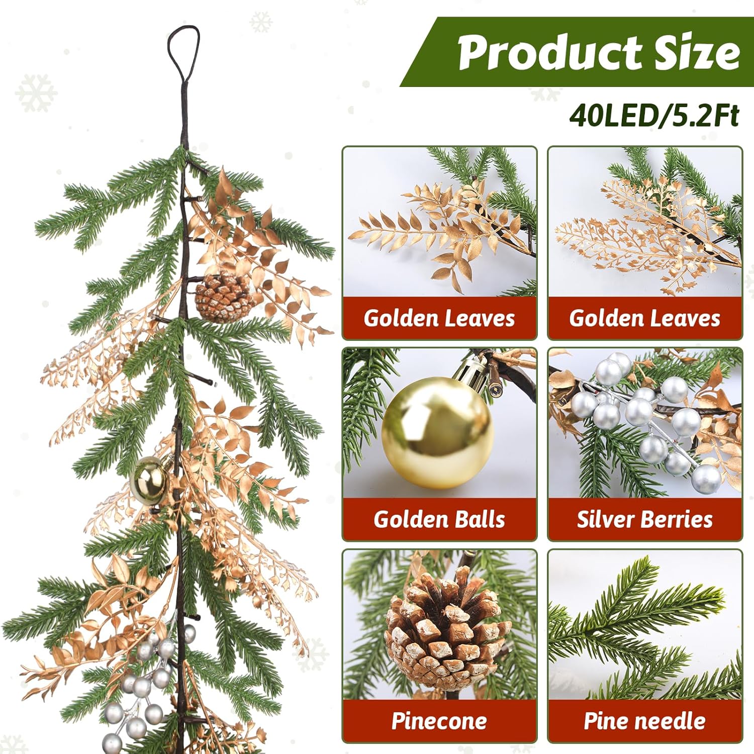 Luditek Christmas Garland with Lights, 5.2ft 40 LEDs Pine Needles Pinecones Christmas Decor String Lights Battery Operated, Christmas Decorations Indoor for Home Fireplace Mantel Door Xmas