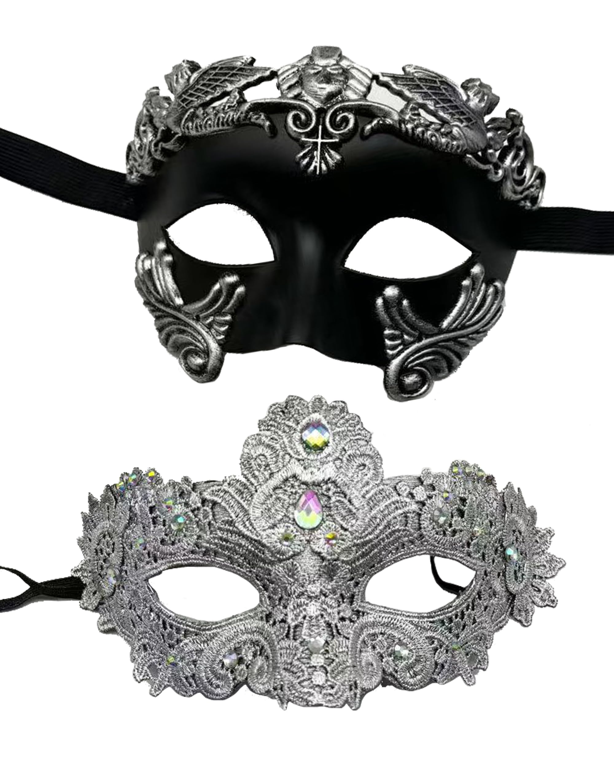 HeHeGe Couple's Masquerade Masks Lace Rhinestone Roman Greek Venetian Style for Prom Mardi Gras Wedding Halloween Party (silver)