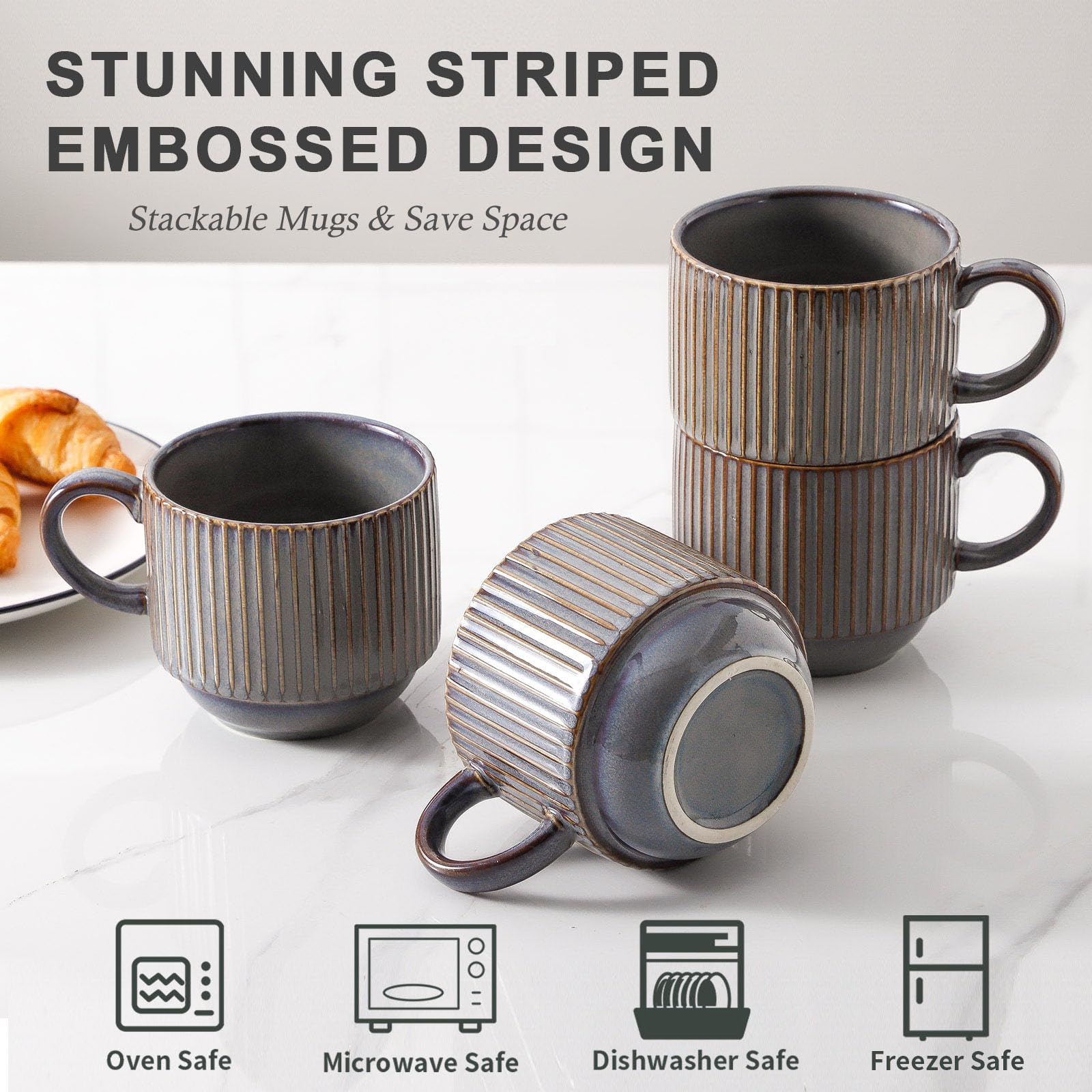 Hasense Porcealin - Juego de 4 tazas de café apilables con soporte, juego de 4 tazas grandes de cerámica acanalada para capuchino, té, cacao caliente, bebidas, aptas para lavavajillas y microondas,