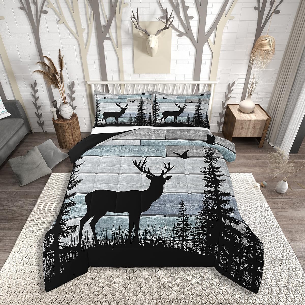 Erosebridal Forest Deer Bedding Set Rustic Queen Comforter Set,Cabin Farmhouse Country Lodge Down Comforetr,Western Animal Moose Print Bedding for