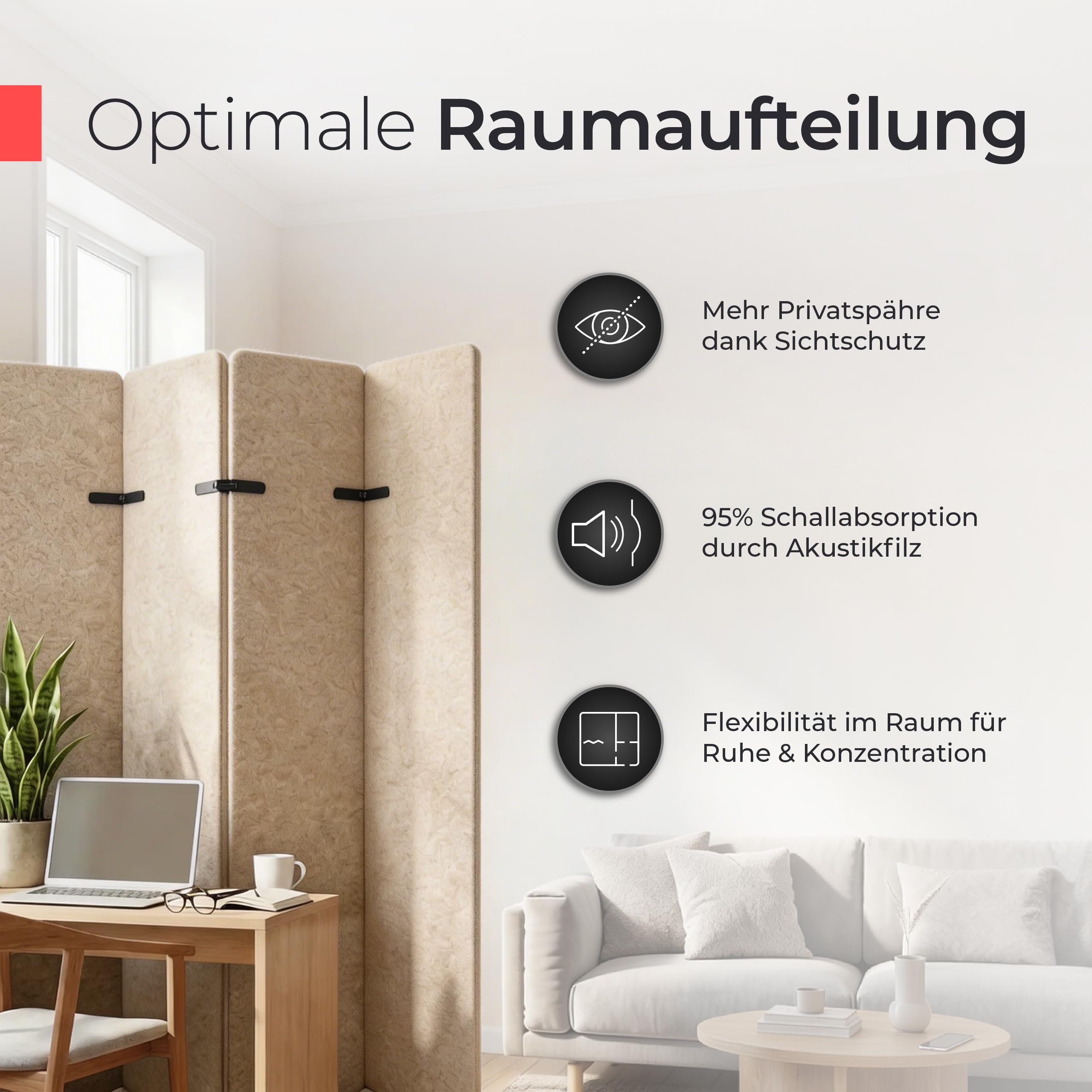 Paravent Acoustique Pliable – 2 m de Hauteur x 1,60 m de Longueur | Feutre Acoustique Beige 200x160cm – paravent à 4 Panneaux Pliable pour Isolation phonique et séparation visuelle