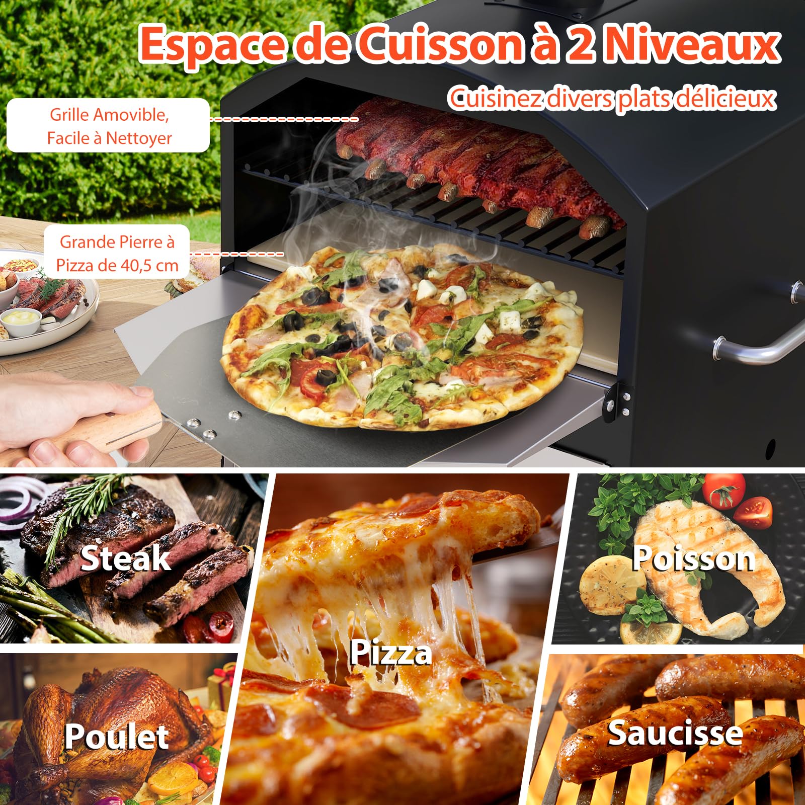GYMAX Four à Pizza d'Extérieur à Bois avec Pierre de Cuisson 40,5cm, Température Max. 510°C, Barbecue